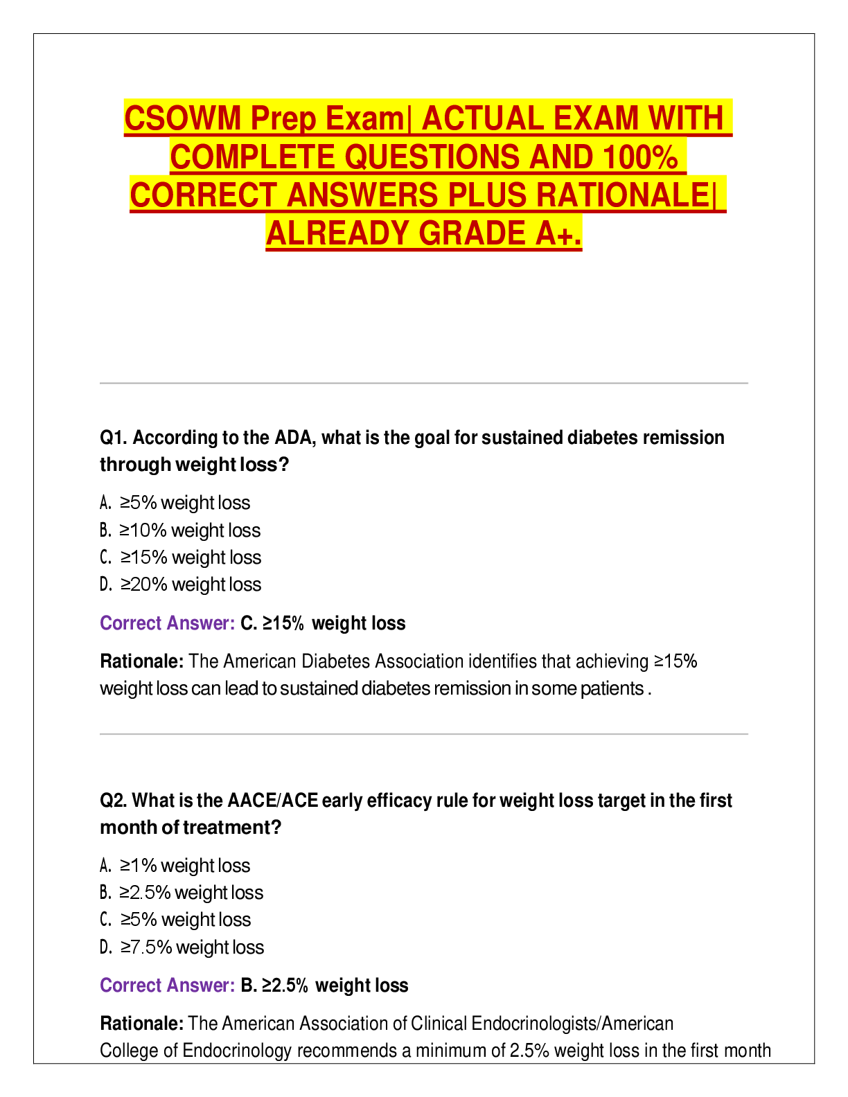 Recommended document preview for CSOWM Prep Exam| ACTUAL EXAM WITH COMPLETE QUESTIONS AND 100% CORRECT ANSWERS PLUS RATIONALE| ALREADY GRADE A+.