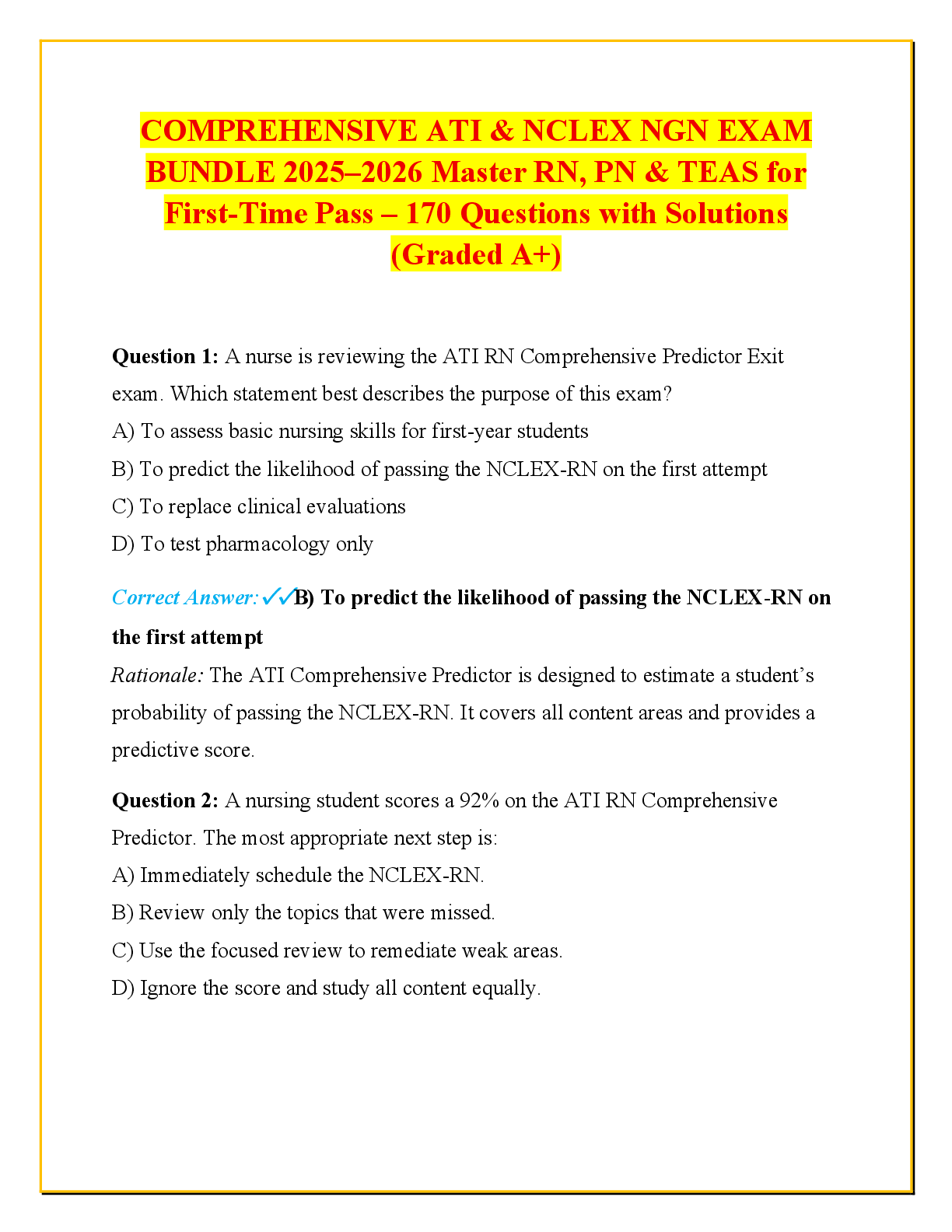 Recommended document preview for COMPREHENSIVE & NCLEX NGN EXAM  BUNDLE 2025–2026 Master RN, PN & TEAS for  First-Time Pass – 170 Questions with Solutions  (Graded A+)