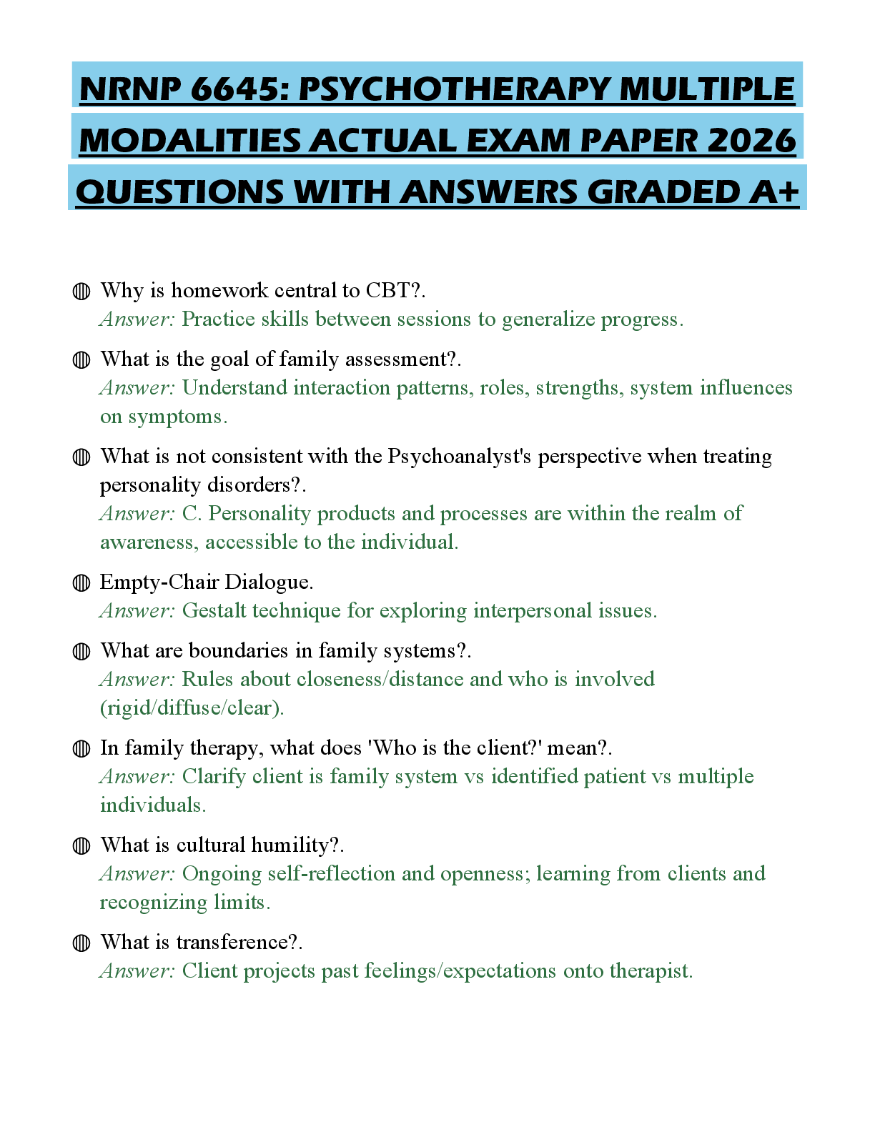 Recommended document preview for NRNP 6645: PSYCHOTHERAPY MULTIPLE MODALITIES ACTUAL EXAM PAPER 2026 QUESTIONS WITH ANSWERS GRADED A+