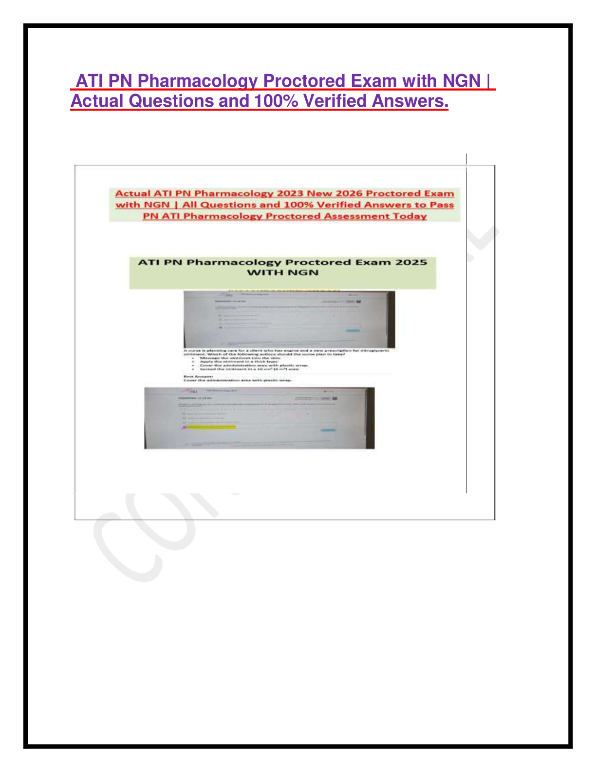 Preview of ATI PN Pharmacology Proctored Exam with NGN | Actual Questions and 100% Verified Answers.