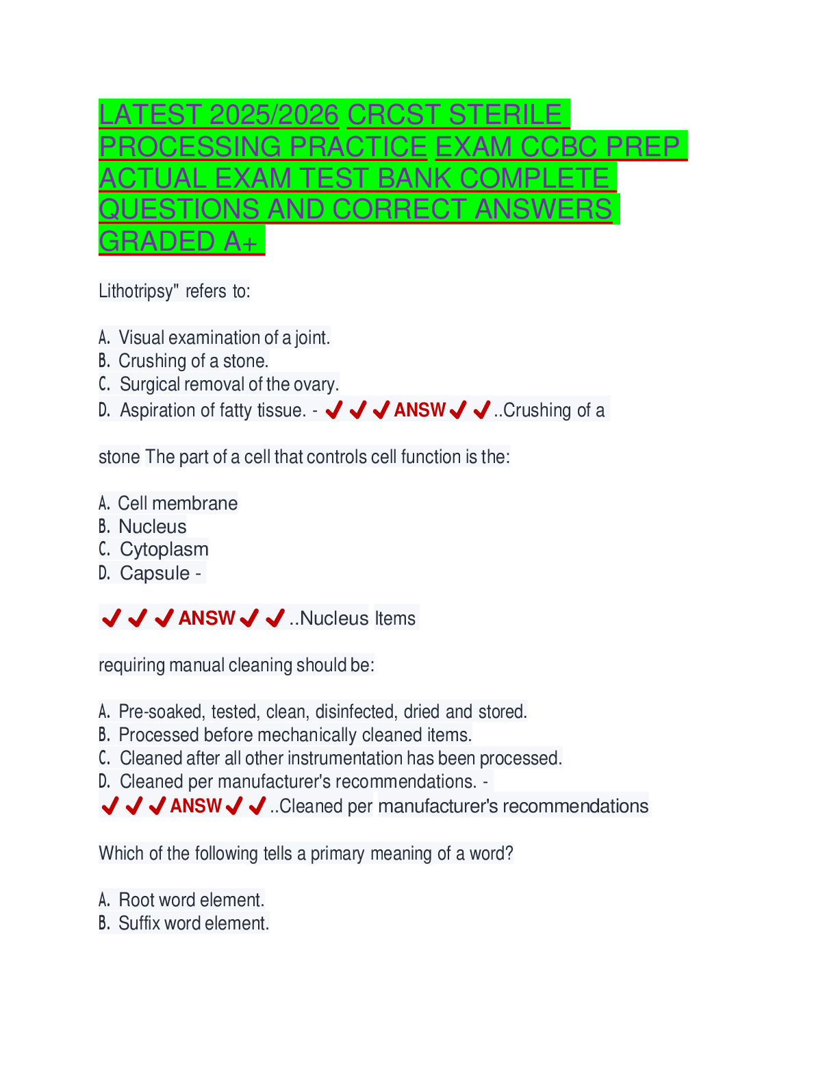 Recommended document preview for LATEST 2025/2026 CRCST STERILE PROCESSING PRACTICE EXAM CCBC PREP ACTUAL EXAM TEST BANK COMPLETE QUESTIONS AND CORRECT ANSWERS GRADED A+