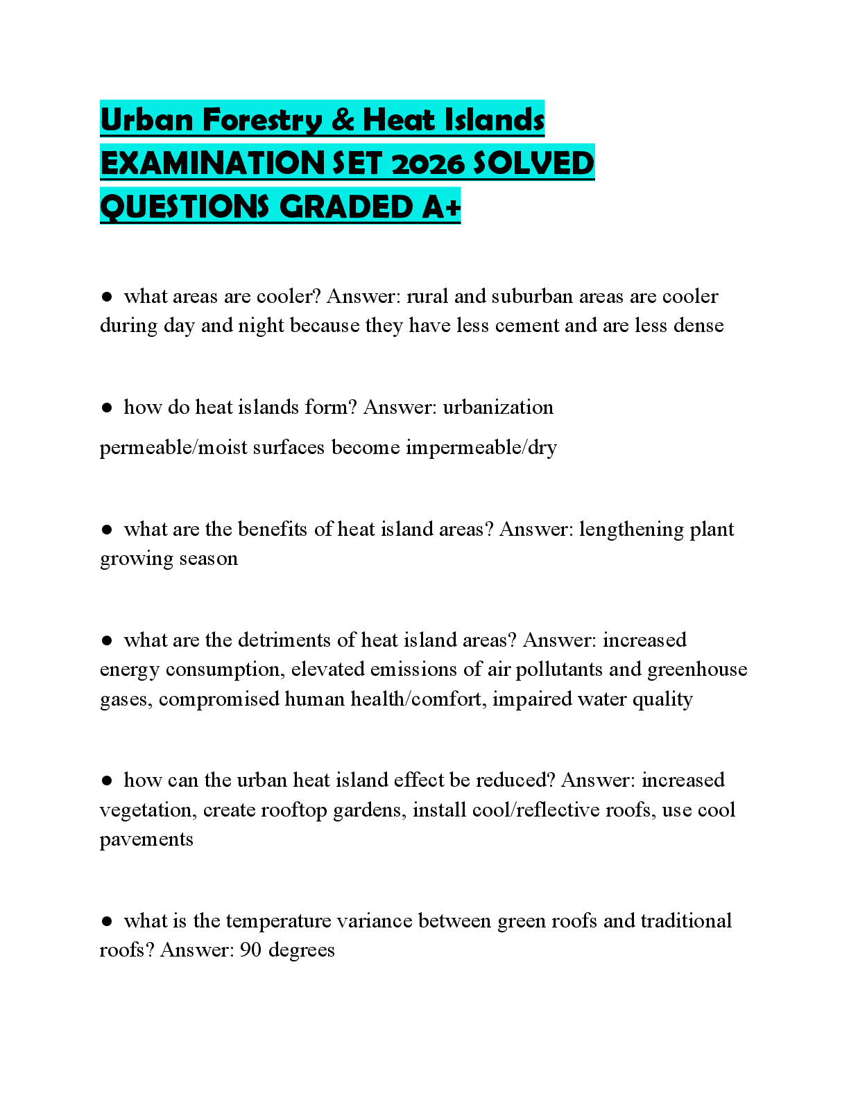 Recommended document preview for Urban Forestry & Heat Islands EXAMINATION SET 2026 SOLVED QUESTIONS GRADED A+