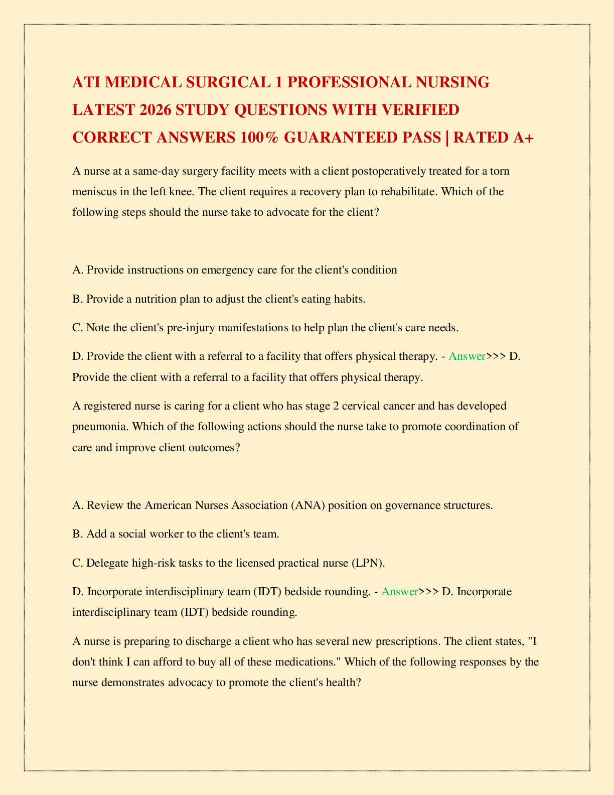ATI MEDICAL SURGICAL 1 PROFESSIONAL NURSING LATEST 2026 STUDY QUESTIONS WITH VERIFIED CORRECT ANSWERS 100% GUARANTEED PASS | RATED A+