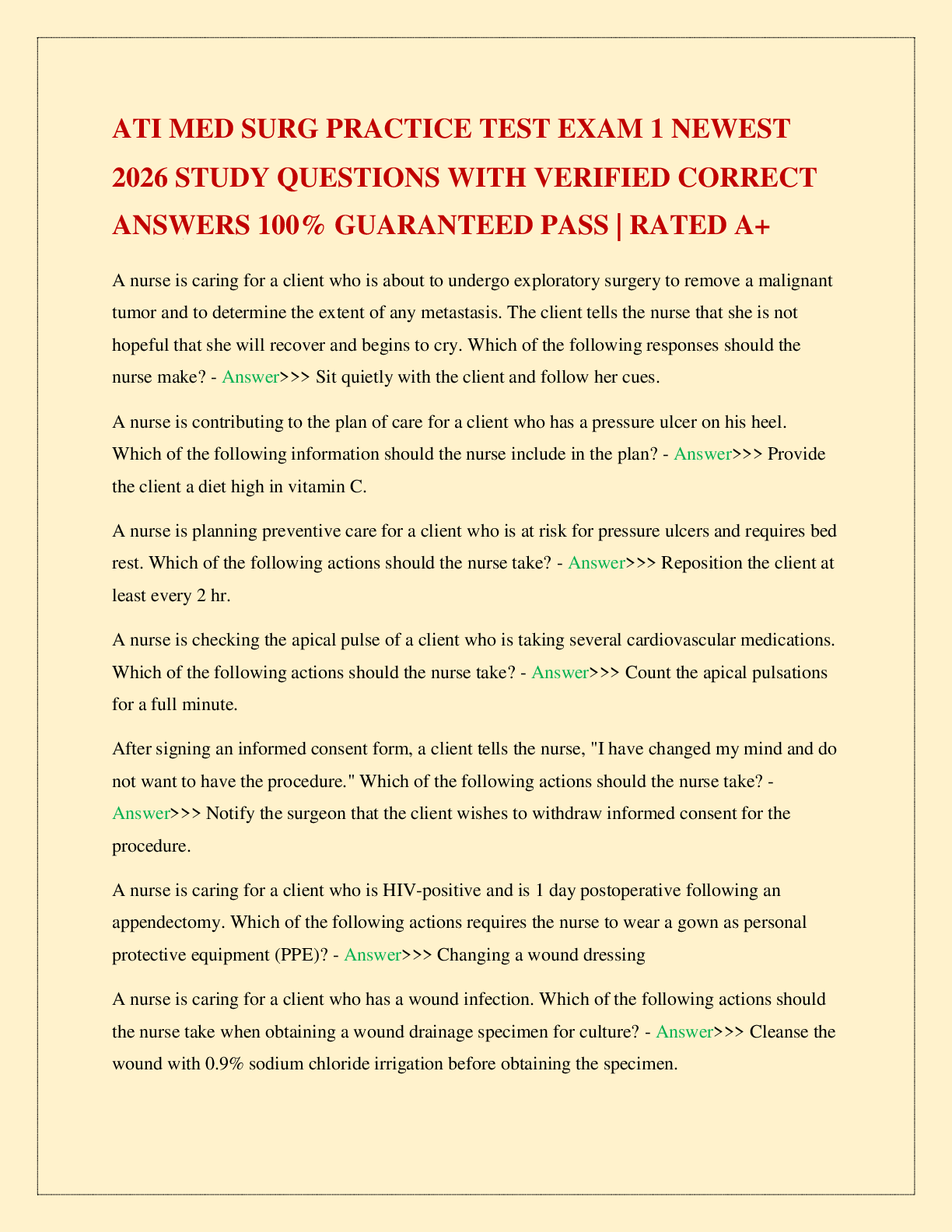 Recommended document preview for ATI MED SURG PRACTICE TEST EXAM 1 NEWEST 2026 STUDY QUESTIONS WITH VERIFIED CORRECT ANSWERS 100% GUARANTEED PASS | RATED A+