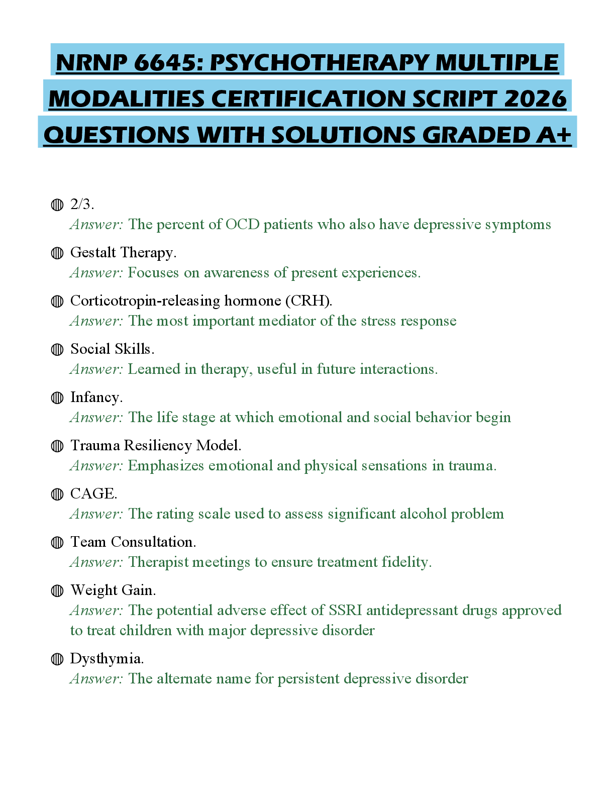 Recommended document preview for NRNP 6645: PSYCHOTHERAPY MULTIPLE MODALITIES CERTIFICATION SCRIPT 2026 QUESTIONS WITH SOLUTIONS GRADED A+