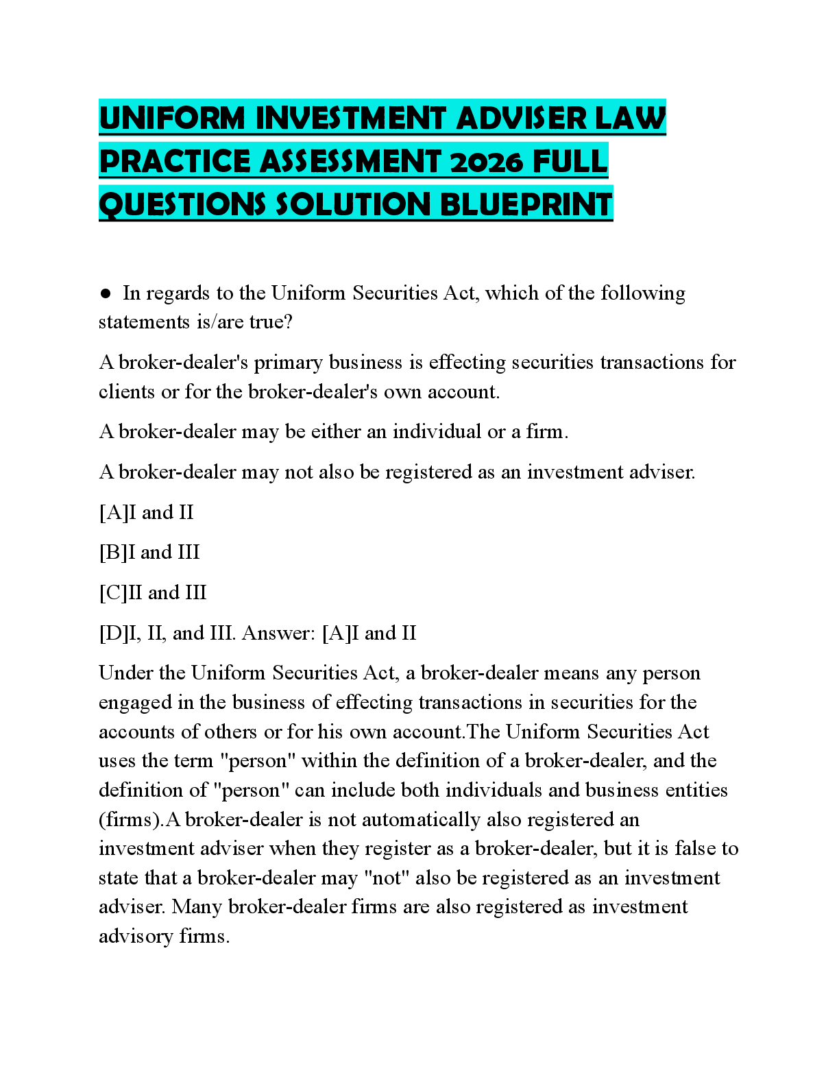 Recommended document preview for UNIFORM INVESTMENT ADVISER LAW PRACTICE ASSESSMENT 2026 FULL QUESTIONS SOLUTION BLUEPRINT