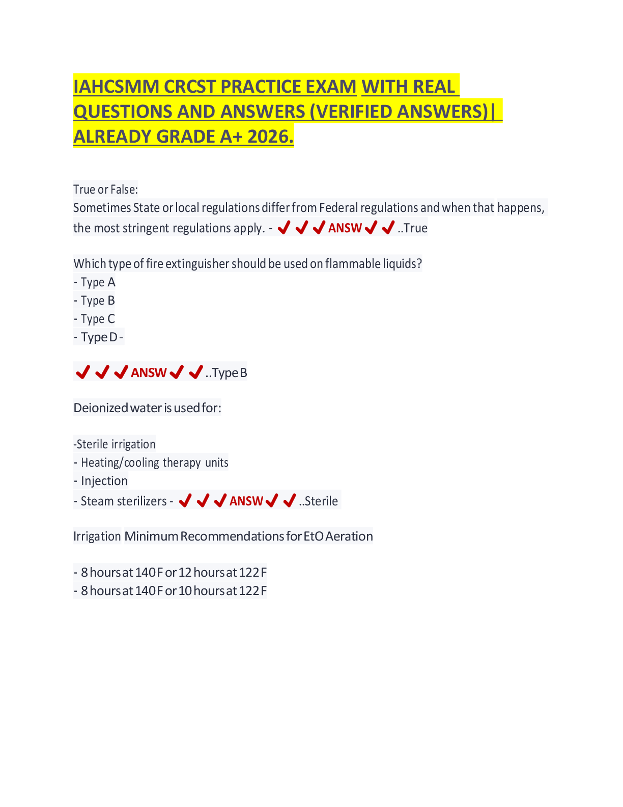 IAHCSMM CRCST PRACTICE EXAM WITH REAL QUESTIONS AND ANSWERS (VERIFIED ANSWERS)| ALREADY GRADE A+ 2026.