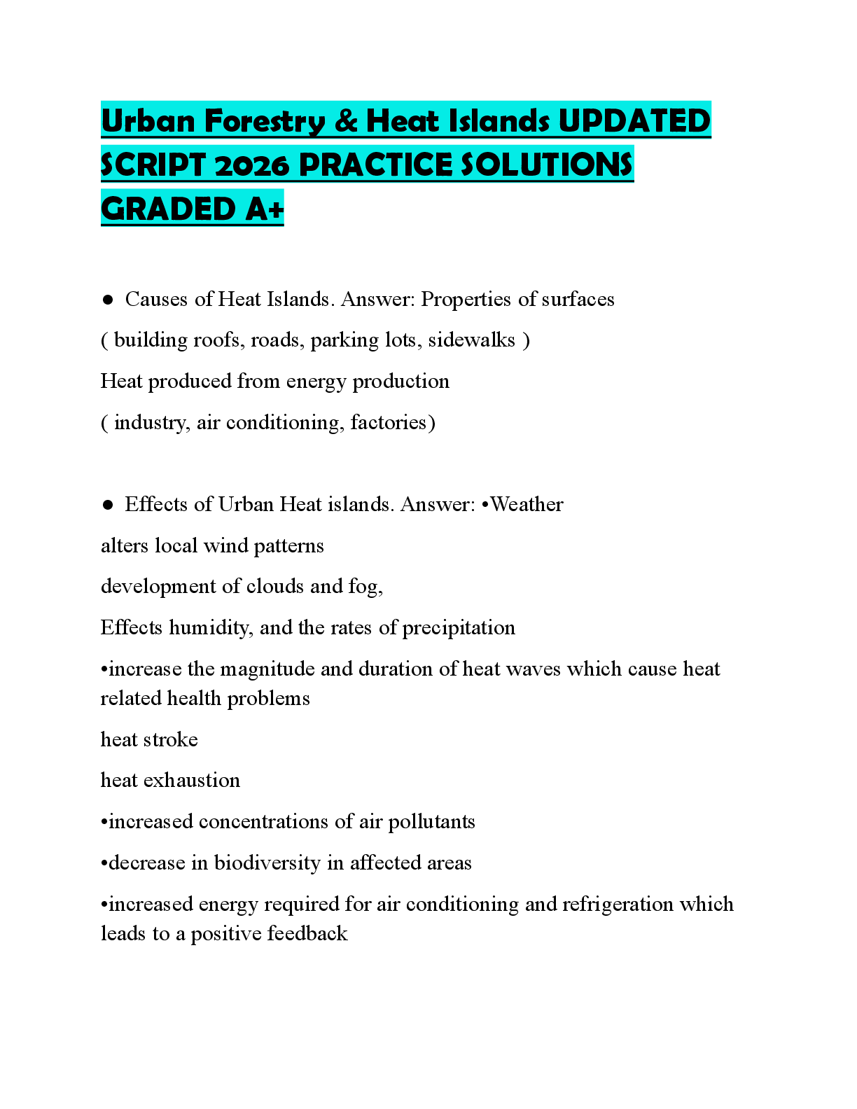 Preview of Urban Forestry & Heat Islands UPDATED SCRIPT 2026 PRACTICE SOLUTIONS GRADED A+
