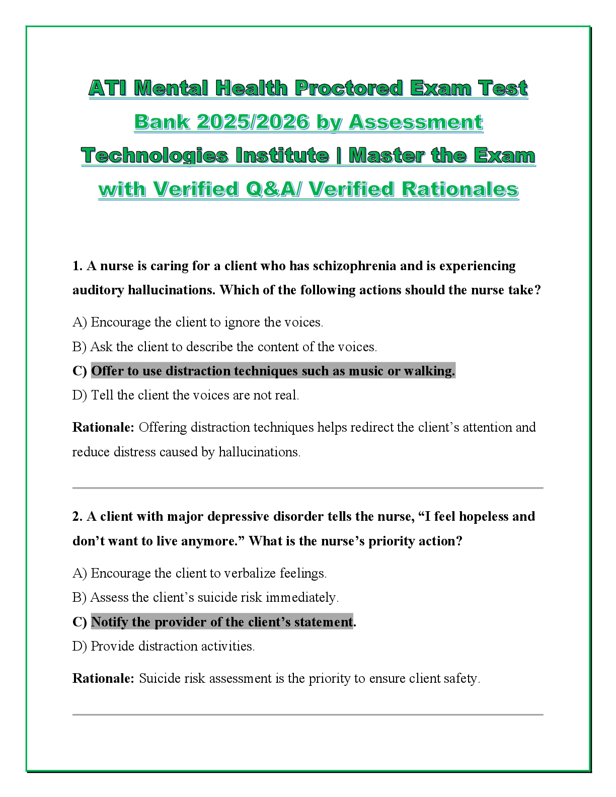 Recommended document preview for Mental Health Proctored Exam Test Bank 2025/2026 by Assessment Technologies Institute | Master the Exam with Verified Q&A/ Verified Rationales