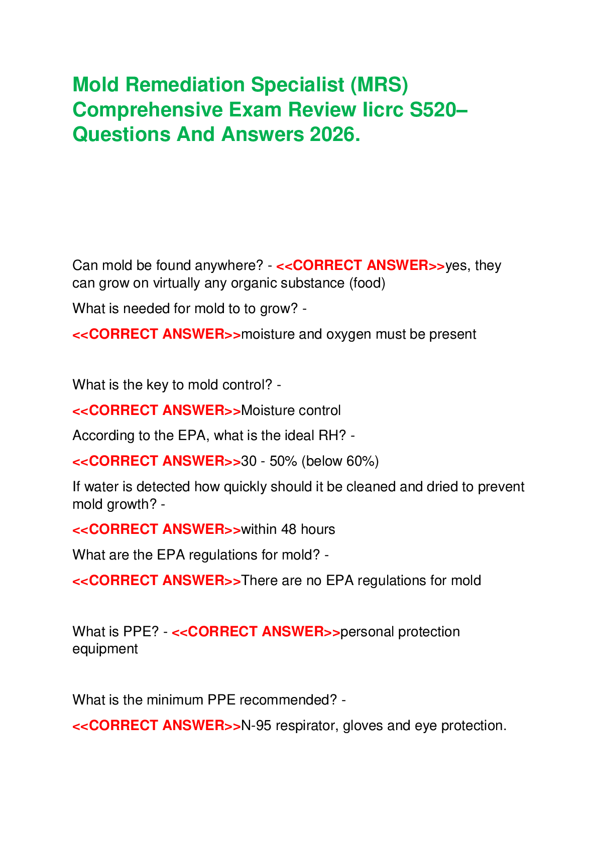 Mold Remediation Specialist (MRS) Comprehensive Exam Review Iicrc S520– Questions And Answers 2026.