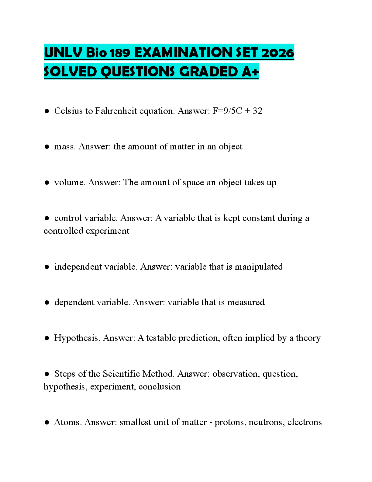Recommended document preview for UNLV Bio 189 EXAMINATION SET 2026 SOLVED QUESTIONS GRADED A+