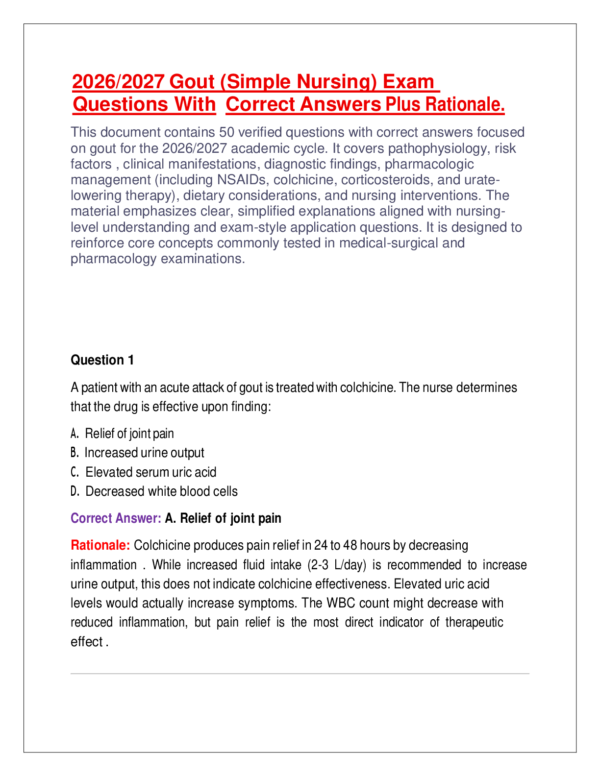 Preview image for 2026/2027 Gout (Simple Nursing) Exam Questions With Correct Answers Plus Rationale.