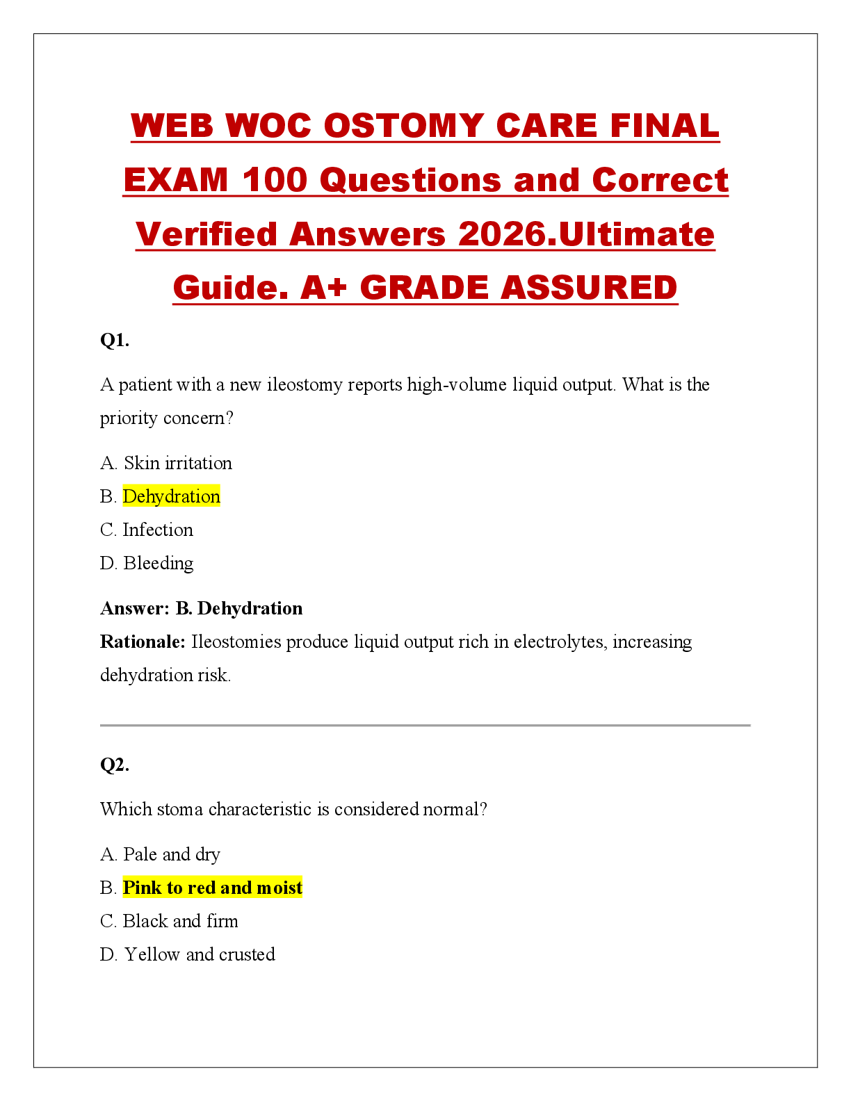 Recommended document preview for WEB WOC OSTOMY CARE FINAL  EXAM 100 Questions and Correct  Verified Answers 2026.Ultimate  Guide. A+ GRADE ASSURED