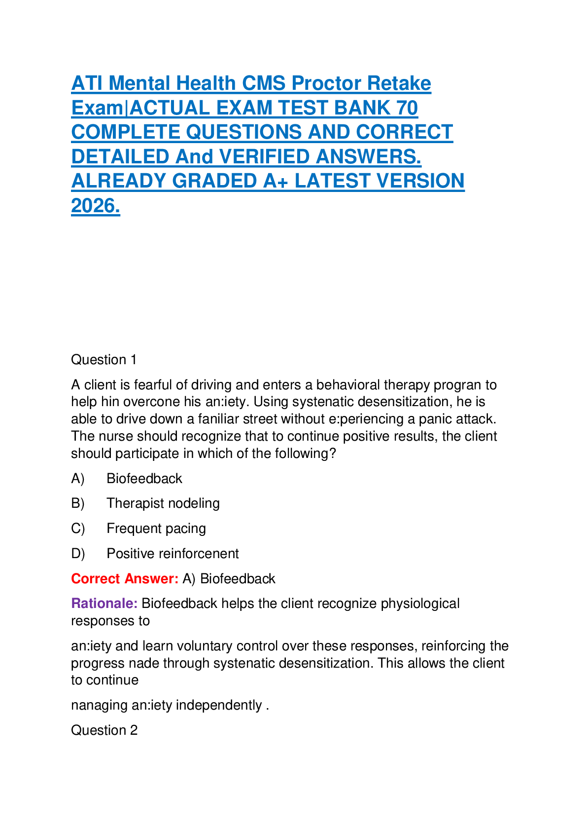 Recommended document preview for ATI Mental Health CMS Proctor Retake Exam|ACTUAL EXAM TEST BANK 70 COMPLETE QUESTIONS AND CORRECT DETAILED And VERIFIED ANSWERS. ALREADY GRADED A+ LATEST VERSION 2026.