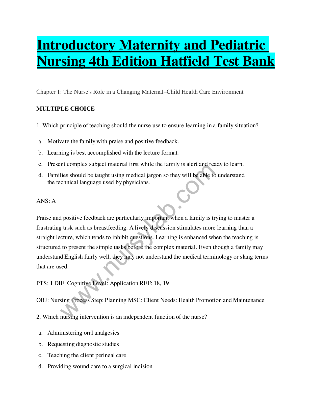 Recommended document preview for Introductory Maternity and Pediatric Nursing 4th Edition Nancy T Hatfield Test Bank