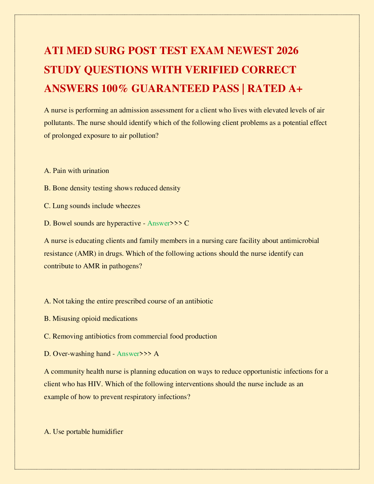 Recommended document preview for ATI MED SURG POST TEST EXAM NEWEST 2026 STUDY QUESTIONS WITH VERIFIED CORRECT ANSWERS 100% GUARANTEED PASS | RATED A+