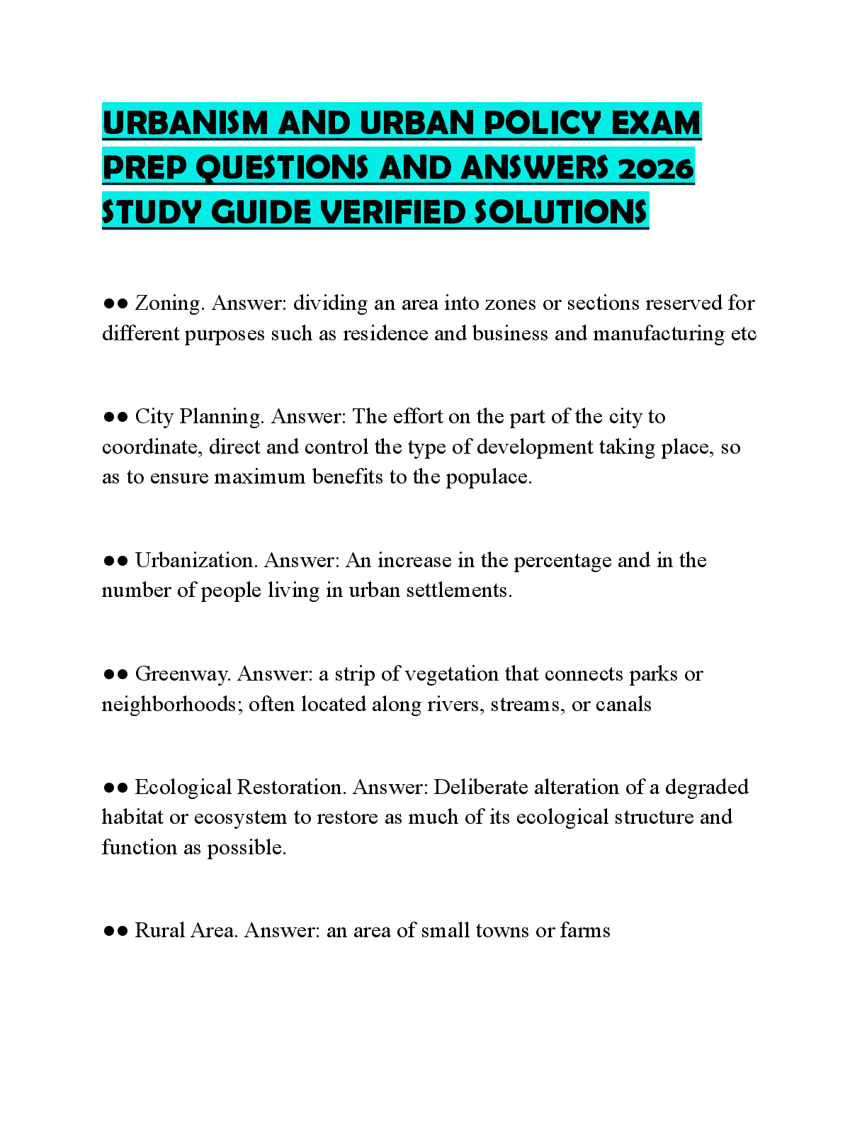 Recommended document preview for URBANISM AND URBAN POLICY EXAM PREP QUESTIONS AND ANSWERS 2026 STUDY GUIDE VERIFIED SOLUTIONS