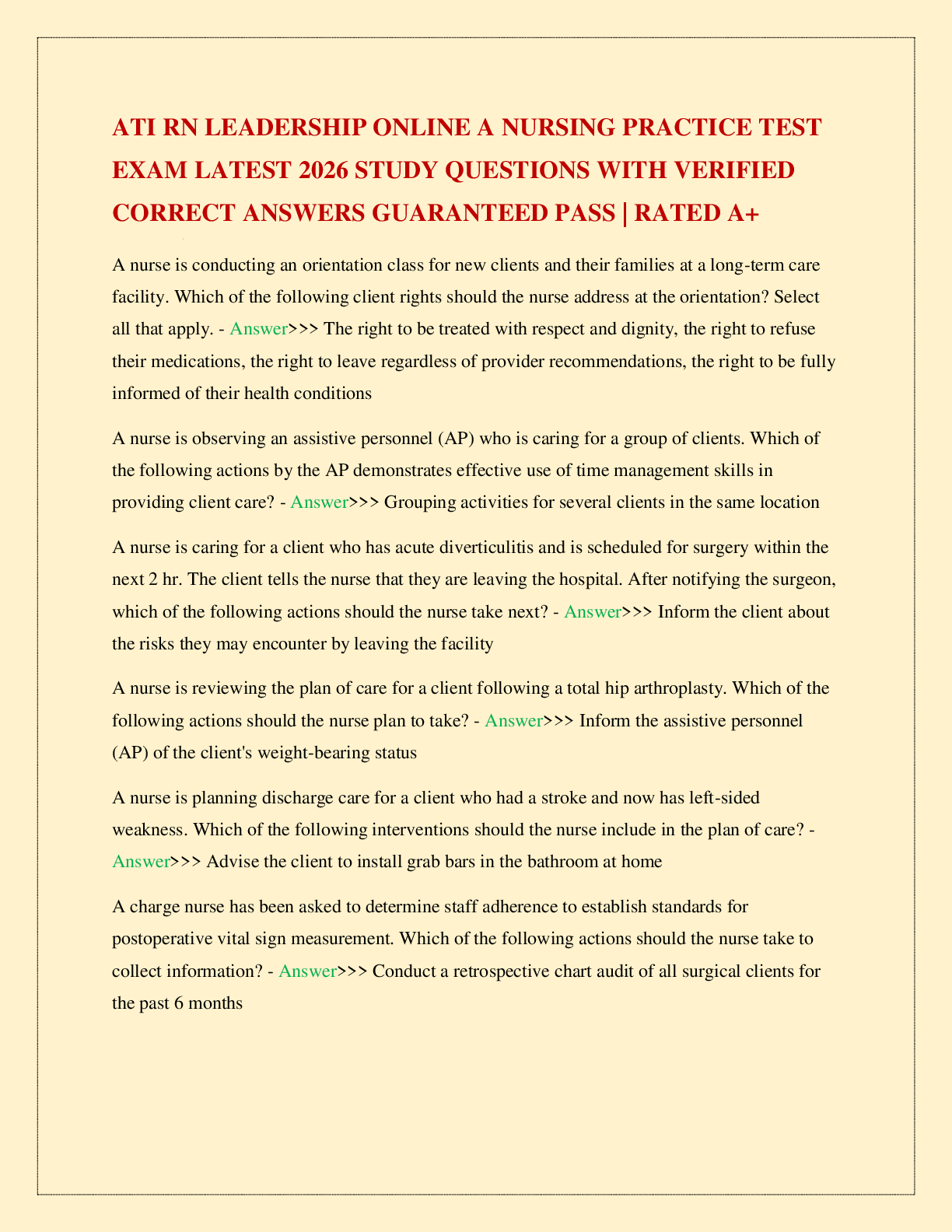 ATI RN LEADERSHIP ONLINE A NURSING PRACTICE TEST EXAM LATEST 2026 STUDY QUESTIONS WITH VERIFIED CORRECT ANSWERS GUARANTEED PASS | RATED A+