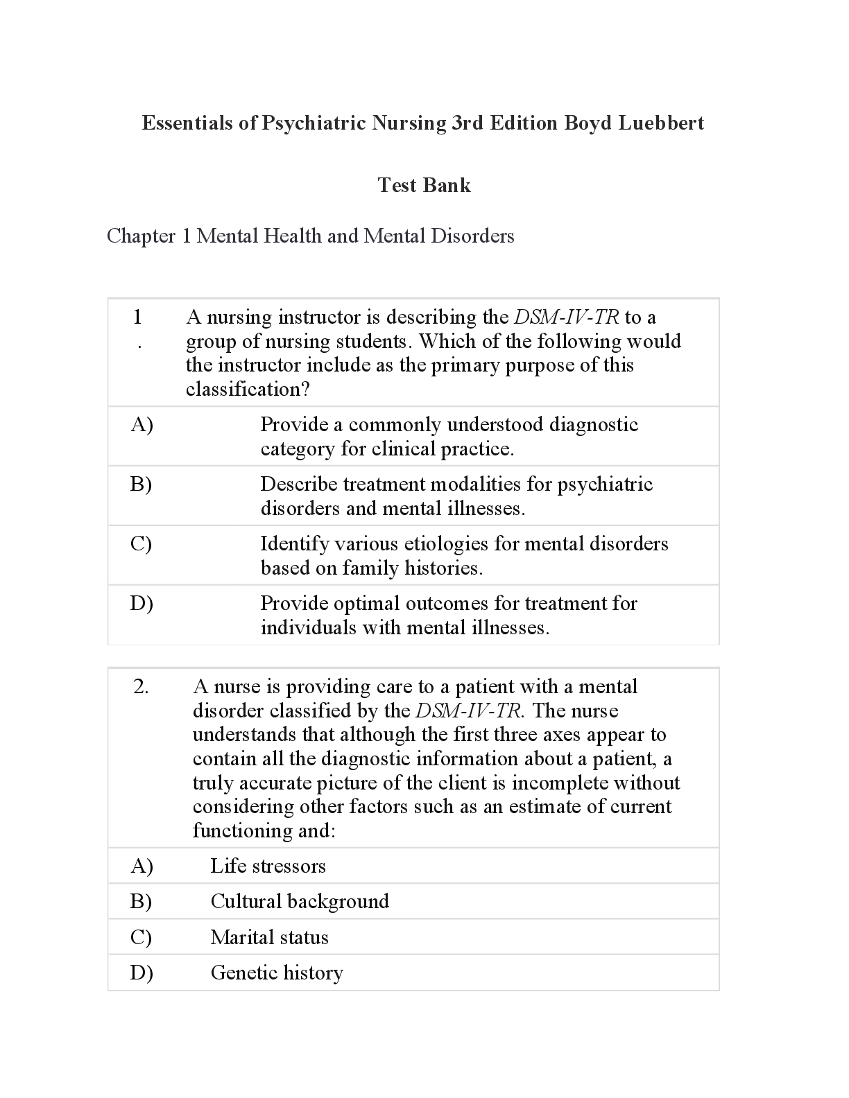 Recommended document preview for Test bank Essentials of Psychiatric Nursing 3rd Edition