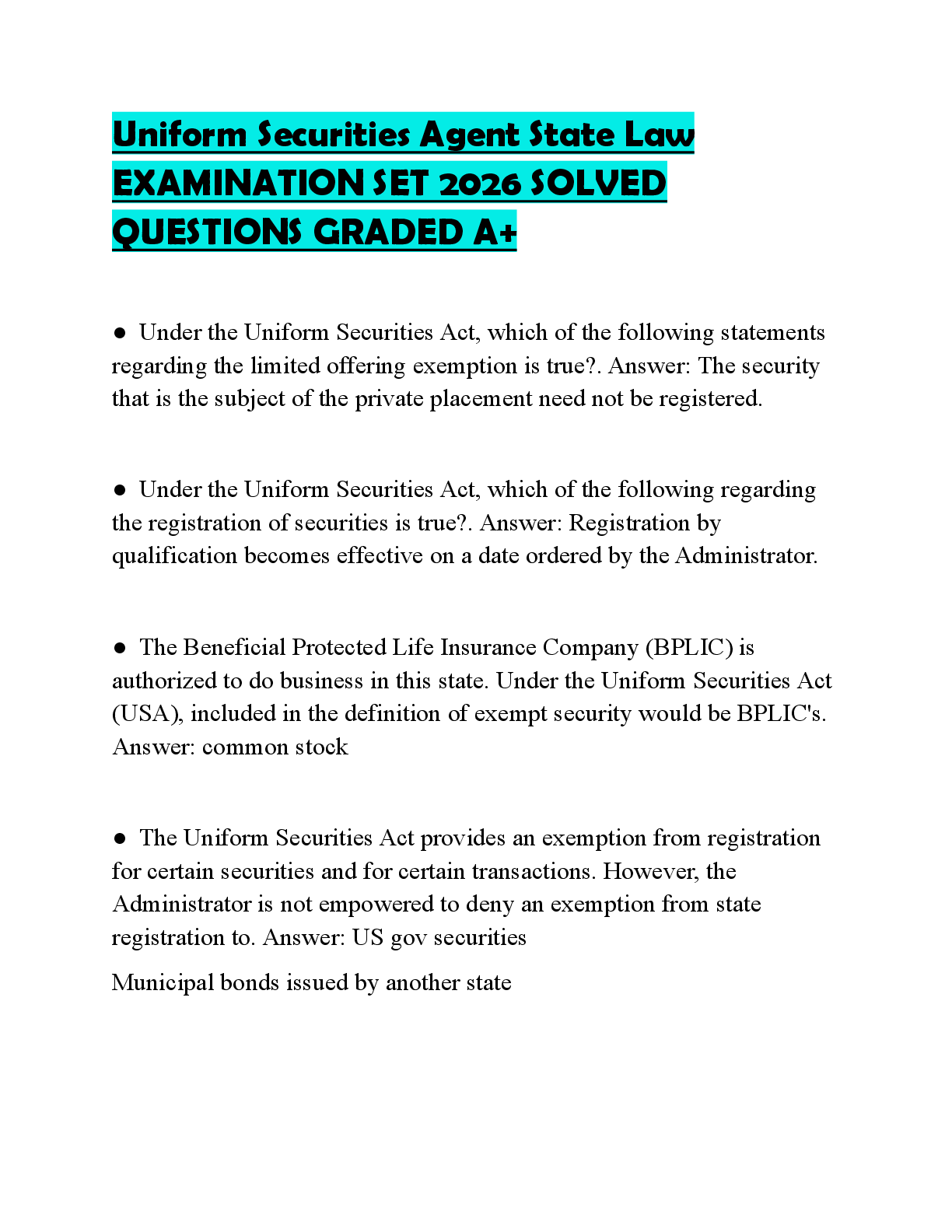 Preview of Uniform Securities Agent State Law EXAMINATION SET 2026 SOLVED QUESTIONS GRADED A+