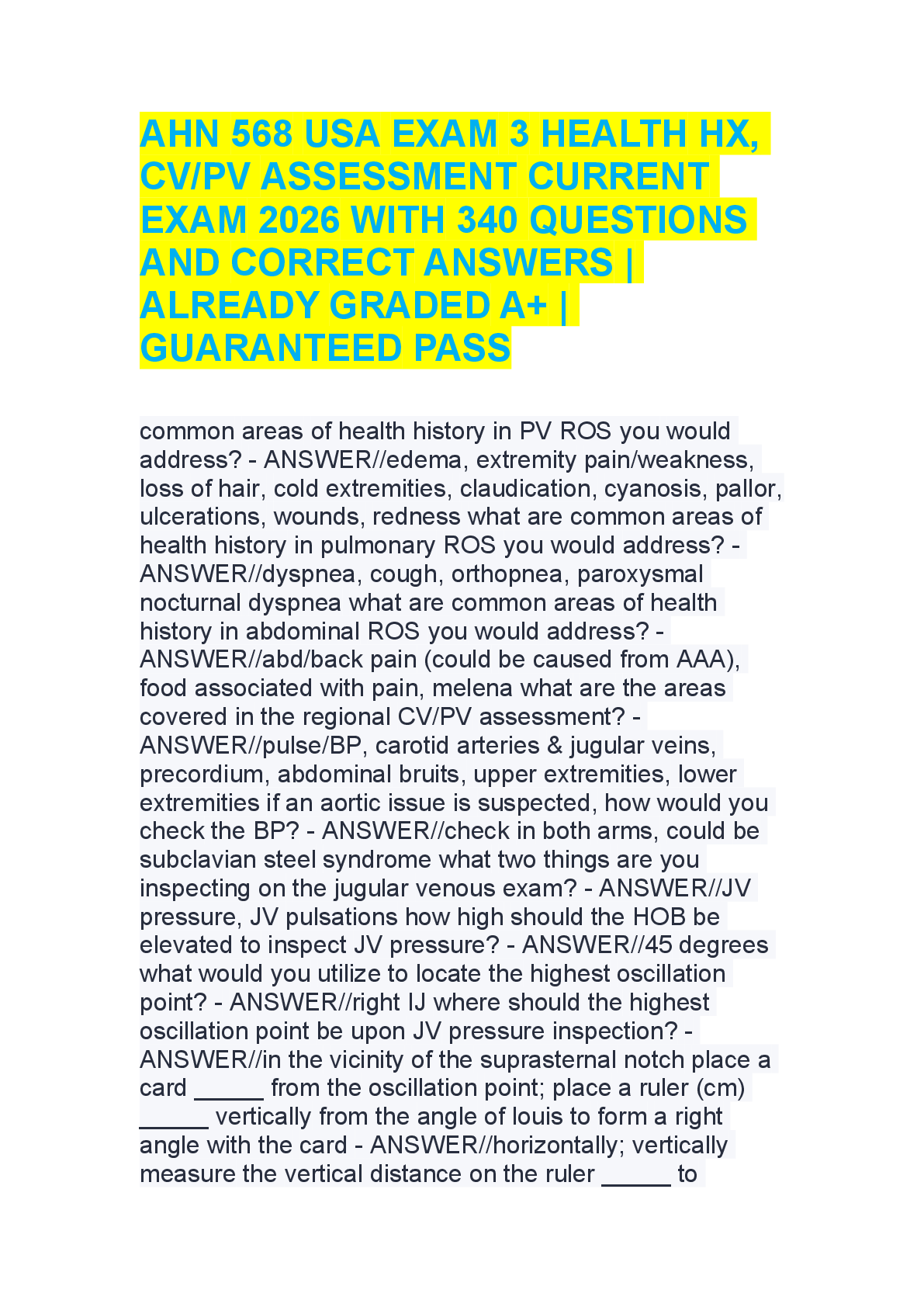 Preview of AHN 568 USA Exam 3: Health History, Cardiovascular & Peripheral Vascular Assessment (2026)