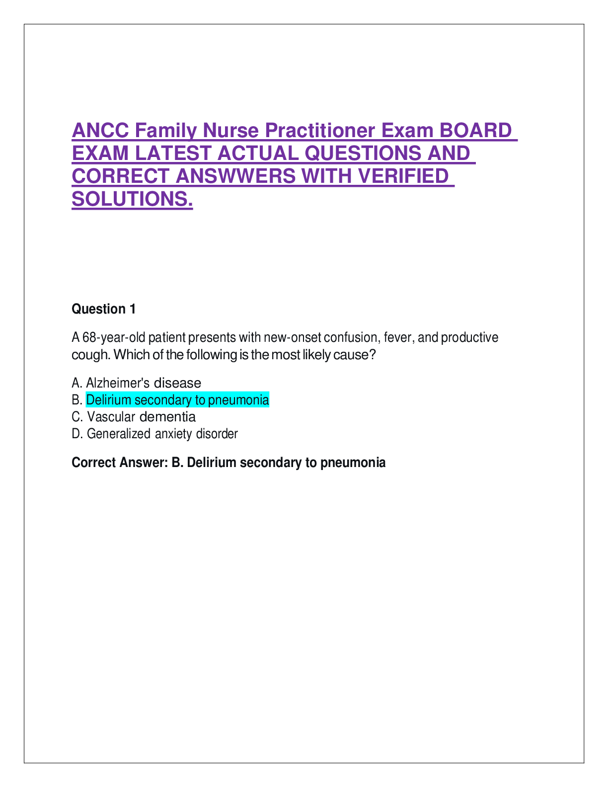 ANCC Family Nurse Practitioner Exam BOARD EXAM LATEST ACTUAL QUESTIONS AND CORRECT ANSWWERS WITH VERIFIED SOLUTIONS.