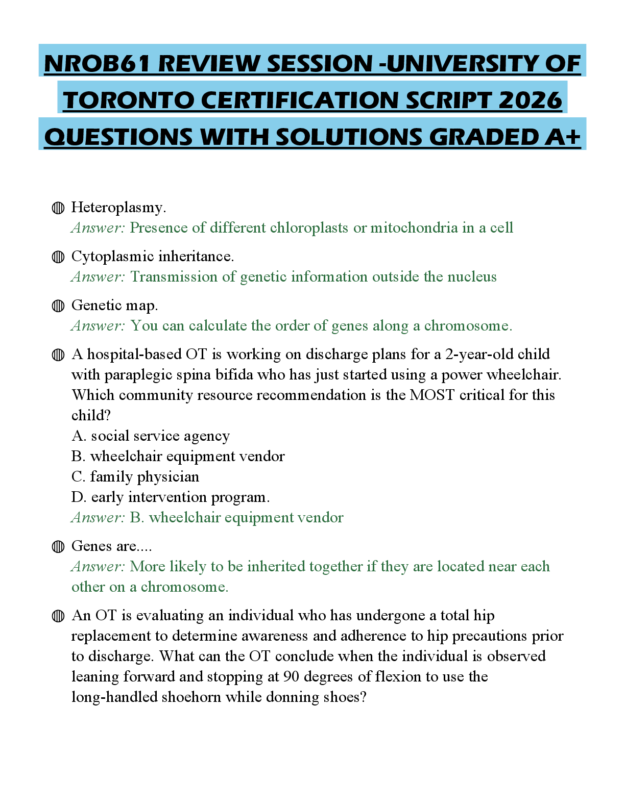 Recommended document preview for NROB61 REVIEW SESSION -UNIVERSITY OF TORONTO CERTIFICATION SCRIPT 2026 QUESTIONS WITH SOLUTIONS GRADED A+