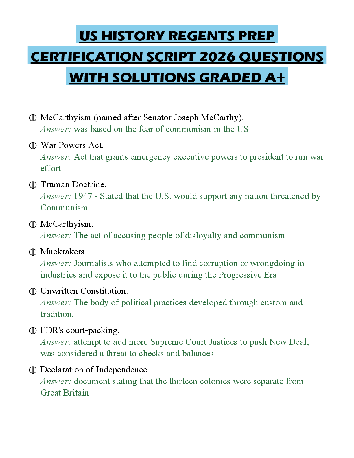 Recommended document preview for US HISTORY REGENTS PREP CERTIFICATION SCRIPT 2026 QUESTIONS WITH SOLUTIONS GRADED A+