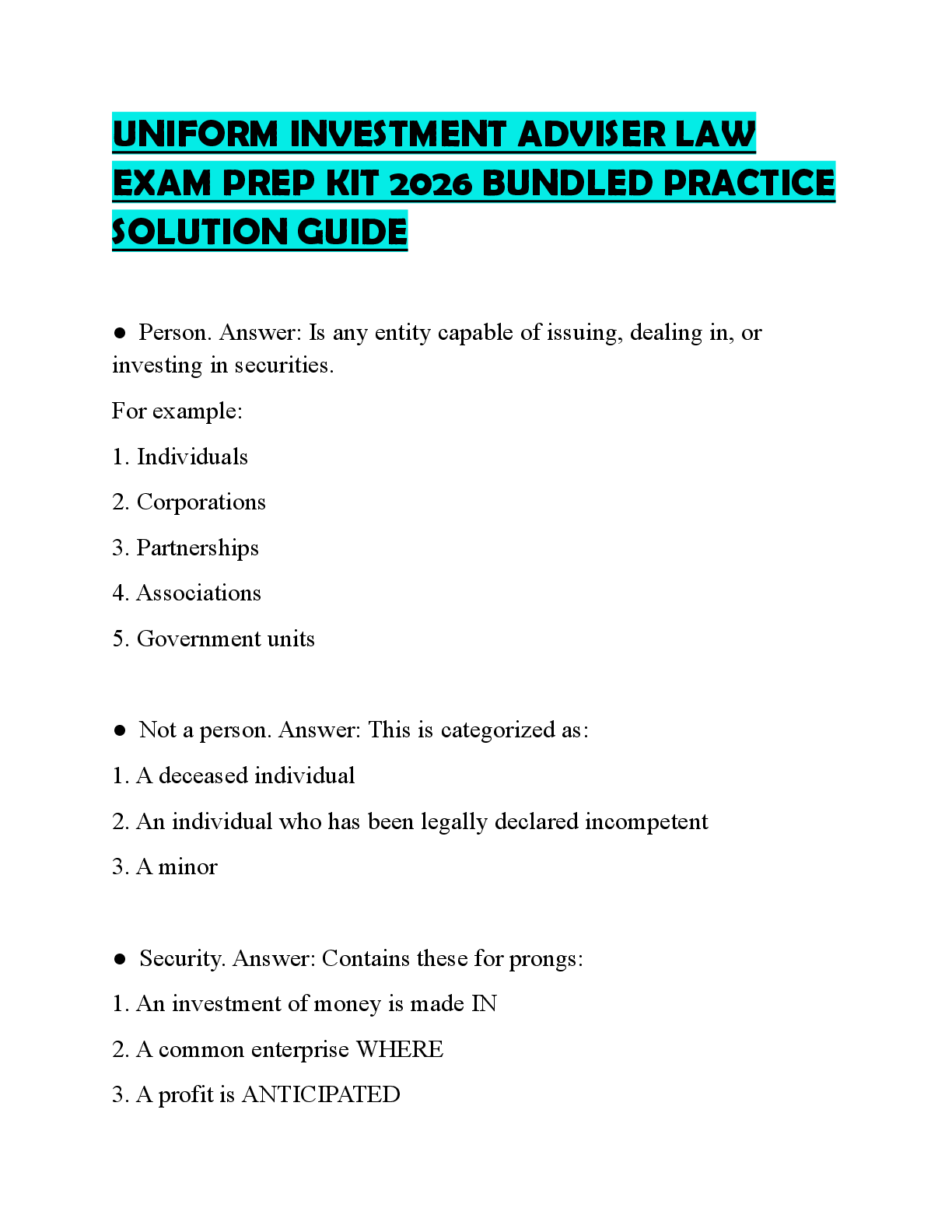 Preview of UNIFORM INVESTMENT ADVISER LAW EXAM PREP KIT 2026 BUNDLED PRACTICE SOLUTION GUIDE