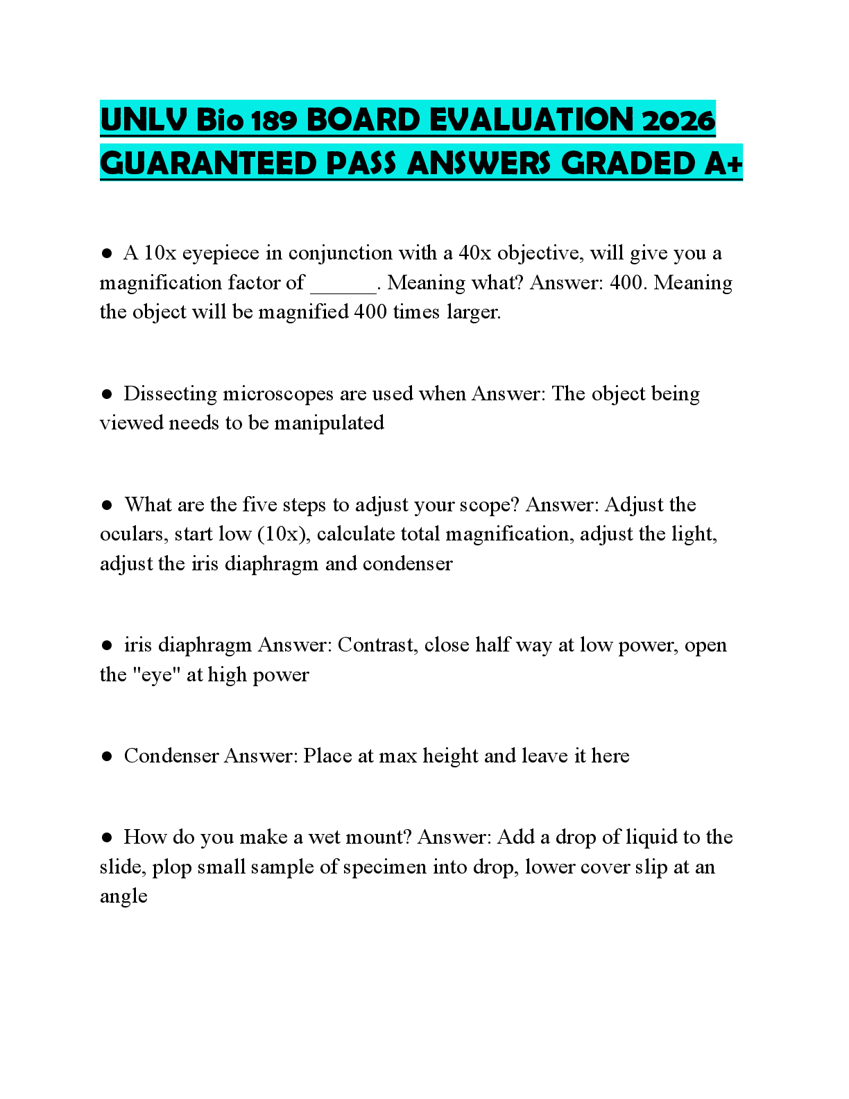 Recommended document preview for UNLV Bio 189 BOARD EVALUATION 2026 GUARANTEED PASS ANSWERS GRADED A+