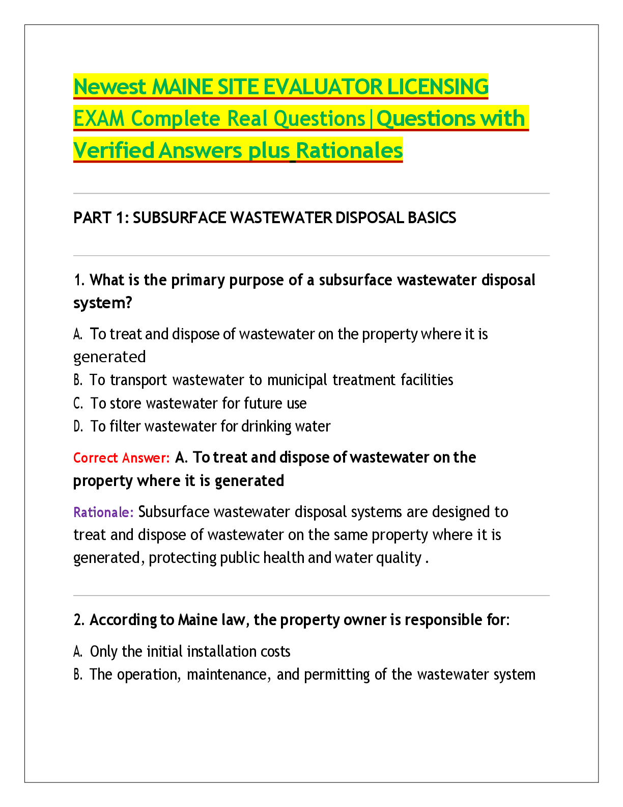 Preview image for Newest MAINE SITE EVALUATOR LICENSING EXAM Complete Real Questions|Questions with Verified Answers plus Rationales