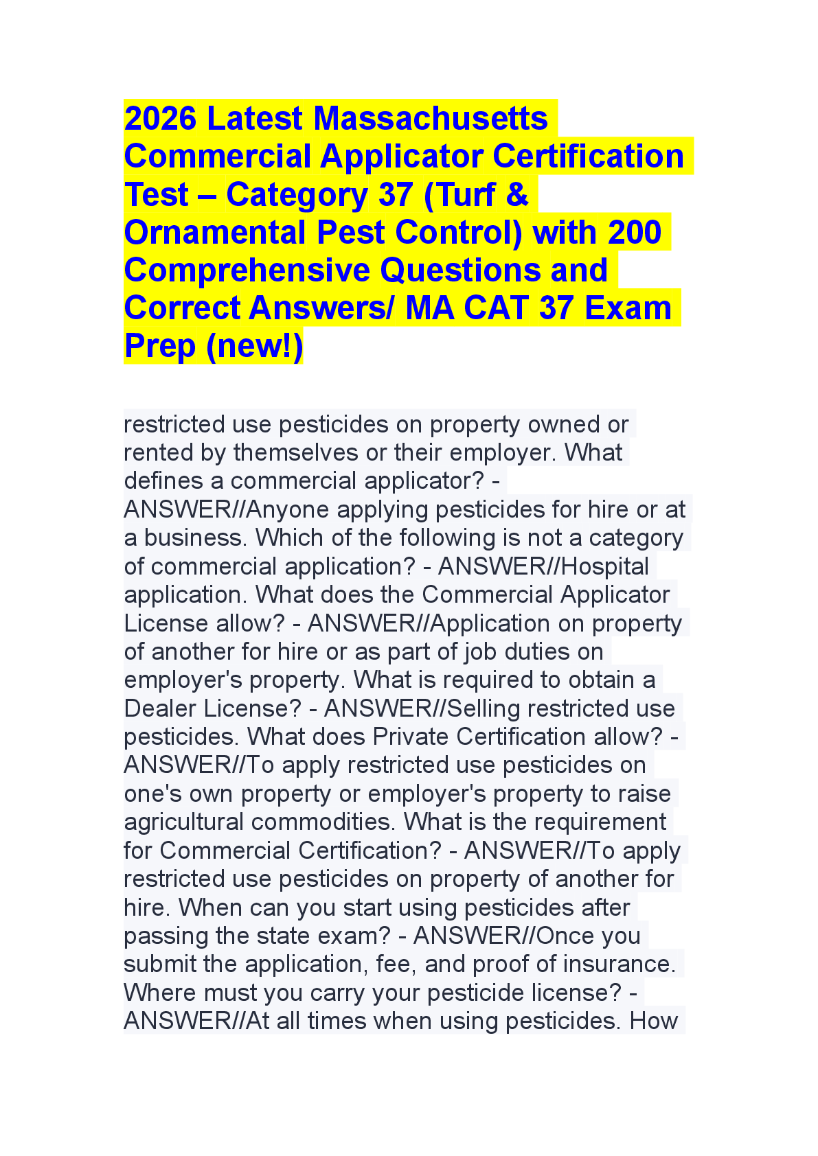 Preview of 2026 Massachusetts Commercial Applicator Certification Test Prep - Category 37 (Turf & Ornamental Pest Control)