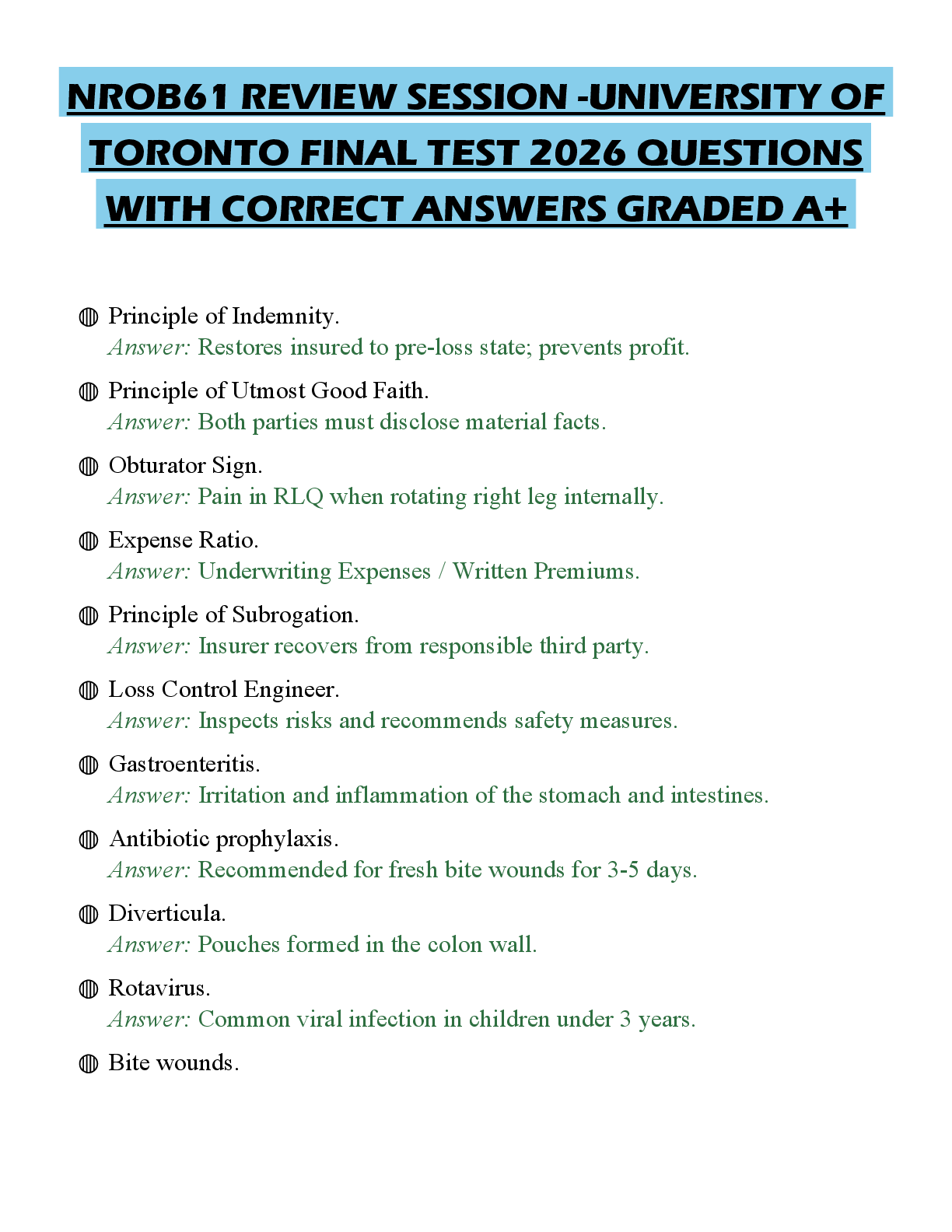Preview of NROB61 REVIEW SESSION -UNIVERSITY OF TORONTO FINAL TEST 2026 QUESTIONS WITH CORRECT ANSWER