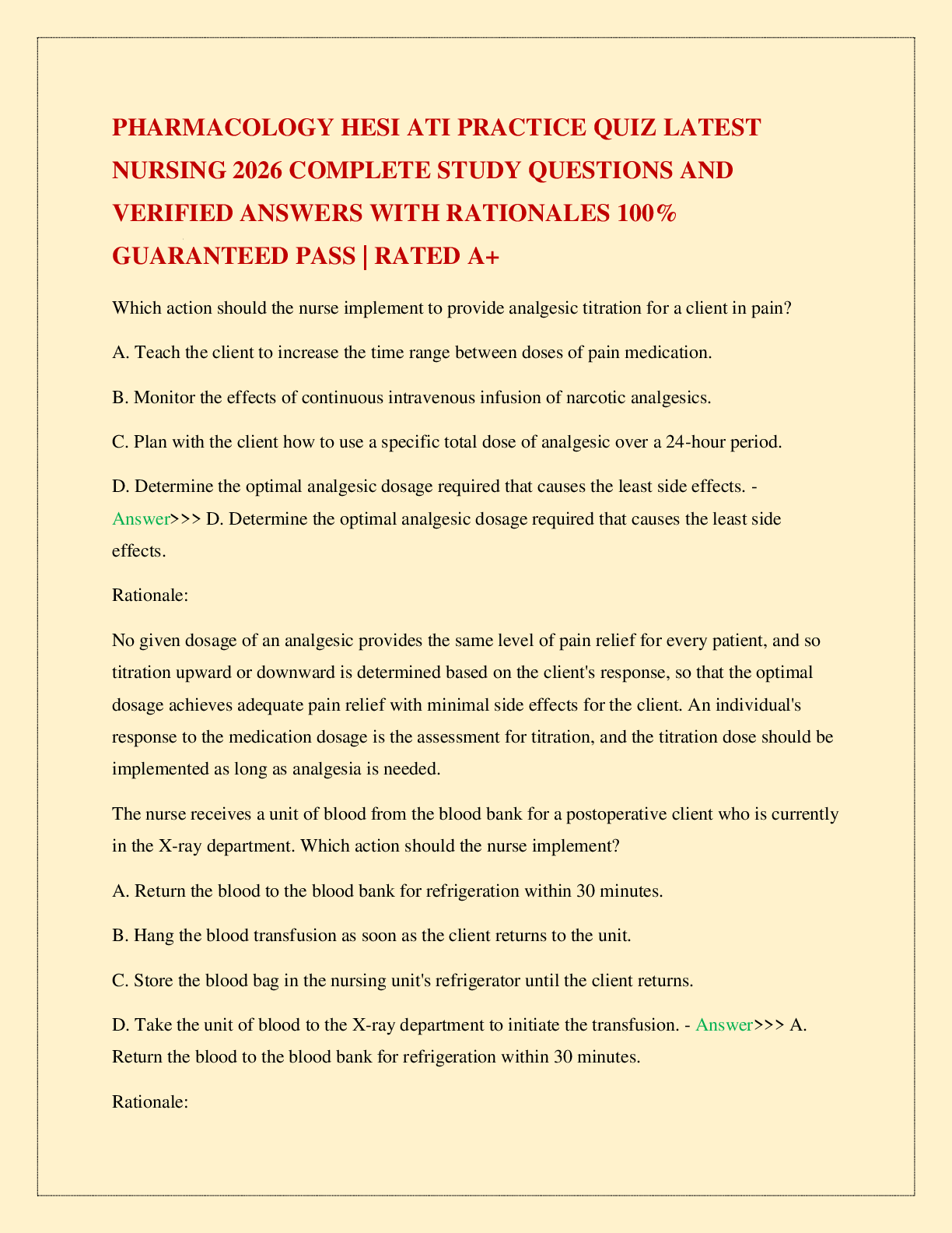 PHARMACOLOGY HESI ATI PRACTICE QUIZ LATEST NURSING 2026 COMPLETE STUDY QUESTIONS AND VERIFIED ANSWERS WITH RATIONALES 100% GUARANTEED PASS | RATED A+