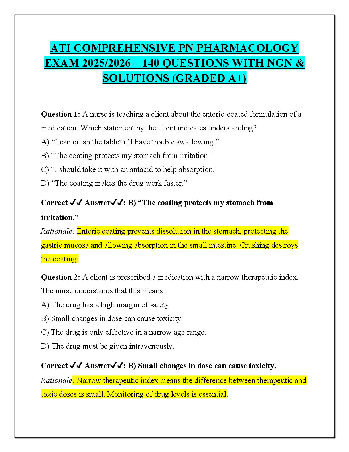 Preview of COMPREHENSIVE PN PHARMACOLOGY  EXAM 2025/2026 – 140 QUESTIONS WITH NGN &  SOLUTIONS (GRADE