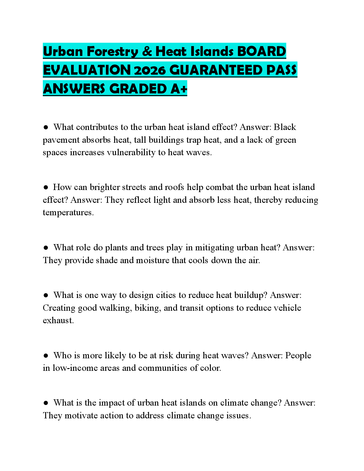 Recommended document preview for Urban Forestry & Heat Islands BOARD EVALUATION 2026 GUARANTEED PASS ANSWERS GRADED A+