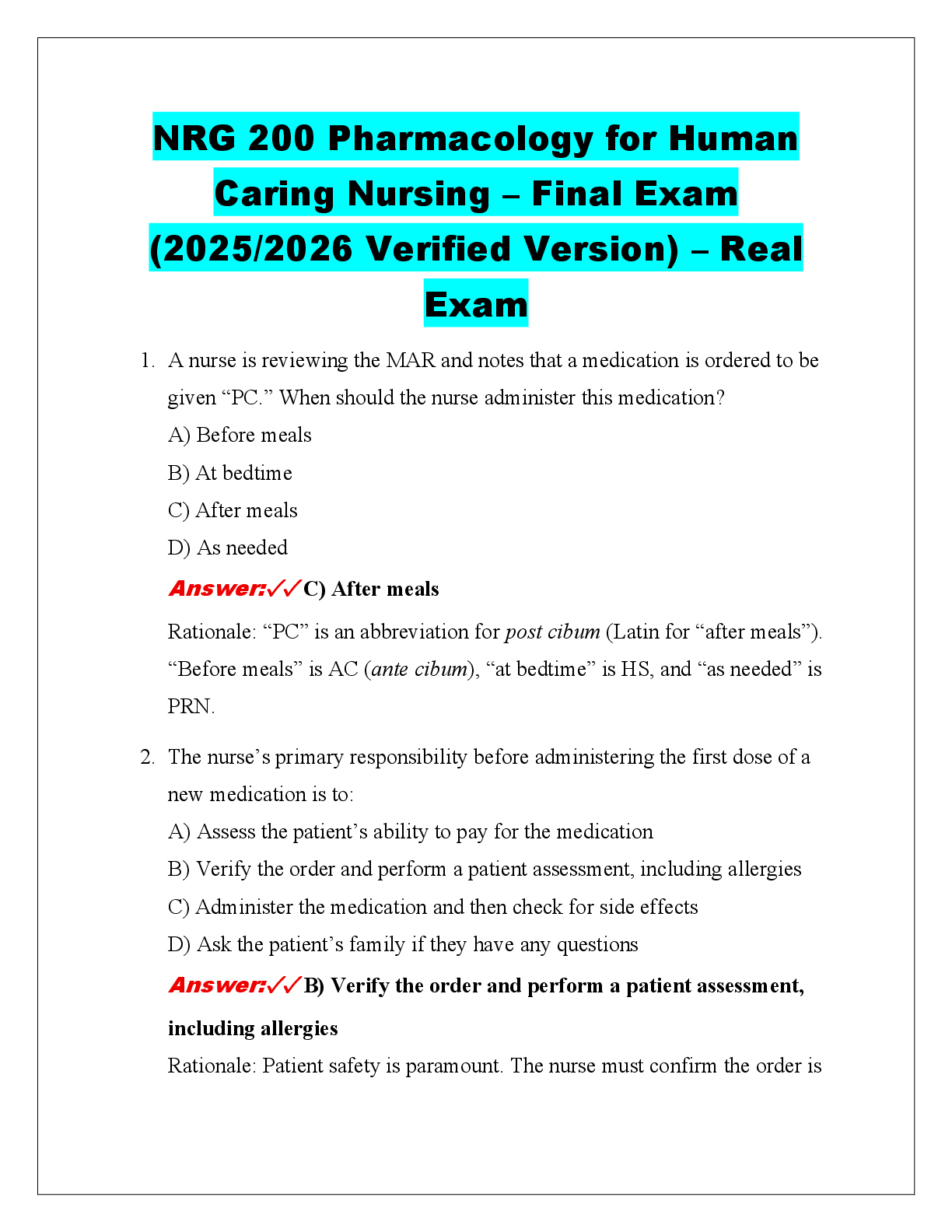Recommended document preview for NRG 200 Pharmacology for Human  Caring Nursing – Final Exam  (2025/2026 Verified Version) – Real  Exam