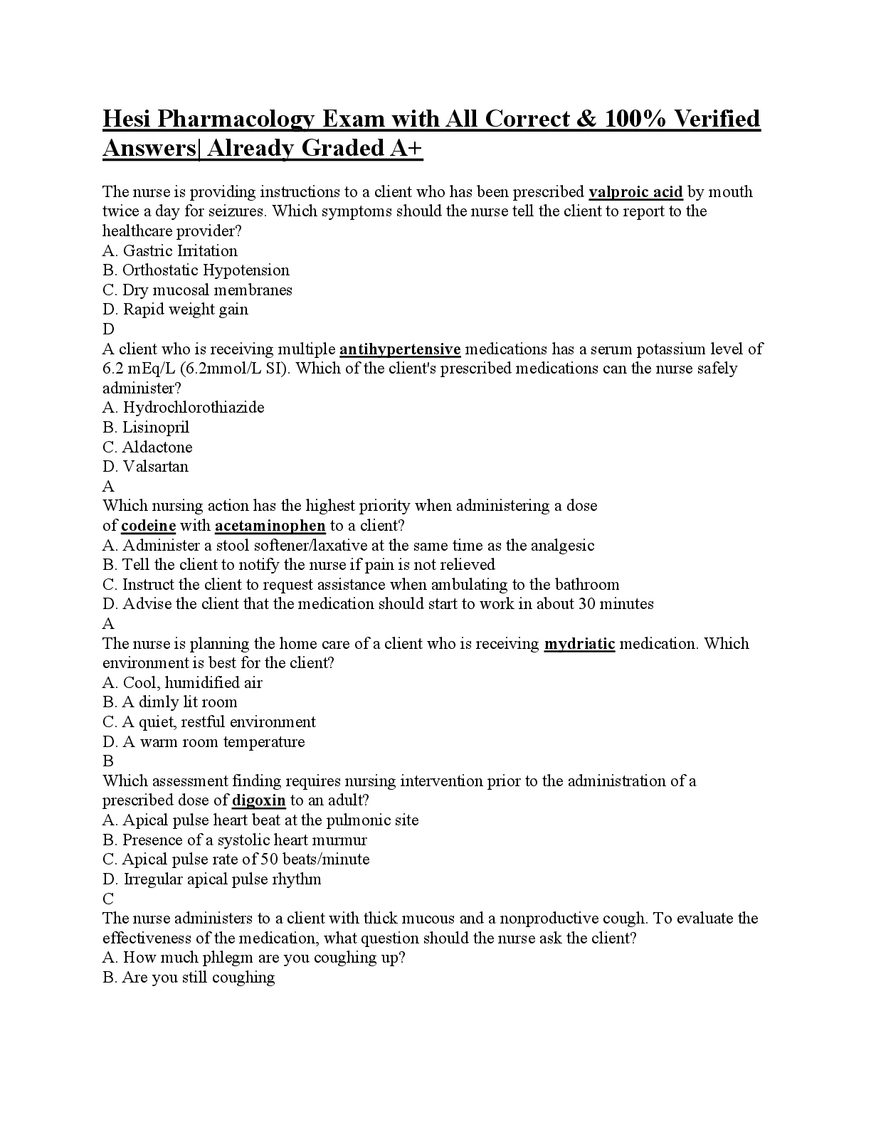 Recommended document preview for Hesi RN Pharmacology Exam with All Correct & 100% Verified Answers| Already Graded A+.