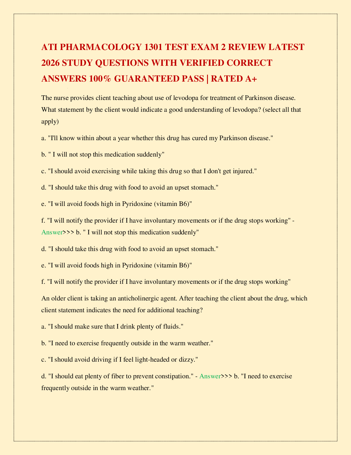 Recommended document preview for ATI PHARMACOLOGY 1301 TEST EXAM 2 REVIEW LATEST 2026 STUDY QUESTIONS WITH VERIFIED CORRECT ANSWERS 100% GUARANTEED PASS | RATED A+