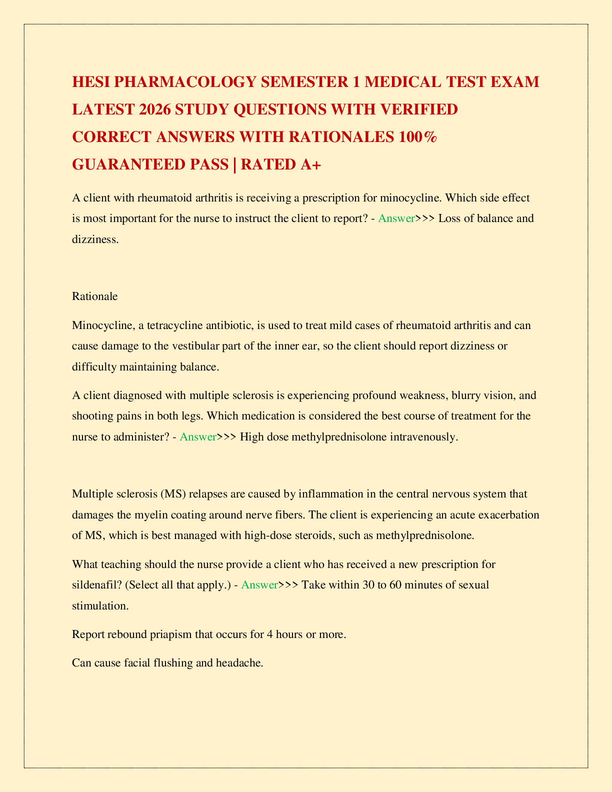Recommended document preview for HESI PHARMACOLOGY SEMESTER 1 MEDICAL TEST EXAM LATEST 2026 STUDY QUESTIONS WITH VERIFIED CORRECT ANSWERS WITH RATIONALES 100% GUARANTEED PASS | RATED A+