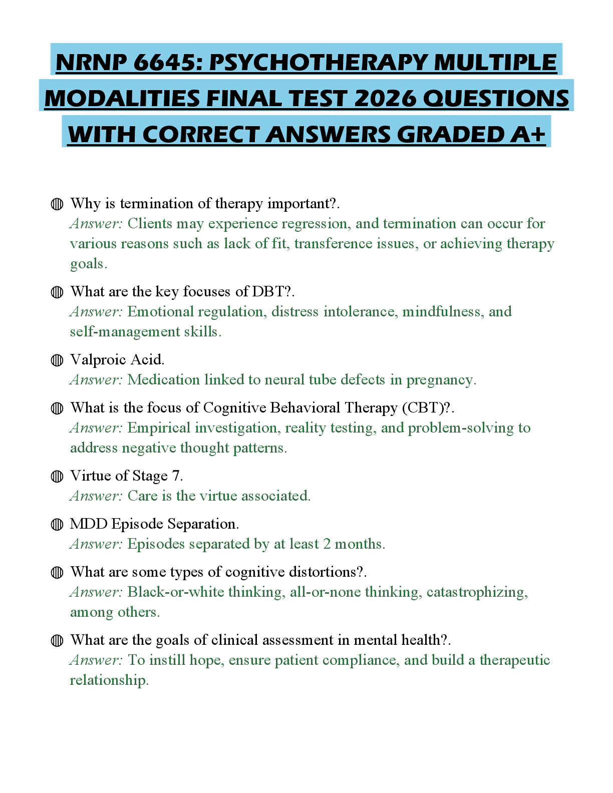 Recommended document preview for NRNP 6645: PSYCHOTHERAPY MULTIPLE MODALITIES FINAL TEST 2026 QUESTIONS WITH CORRECT ANSWERS GRADED A+