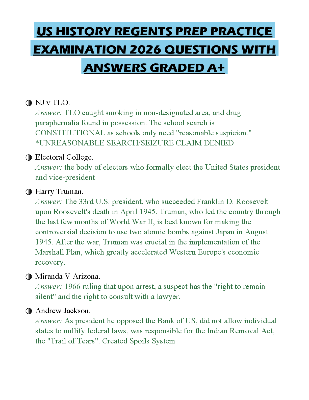 Recommended document preview for US HISTORY REGENTS PREP PRACTICE EXAMINATION 2026 QUESTIONS WITH ANSWERS GRADED A+