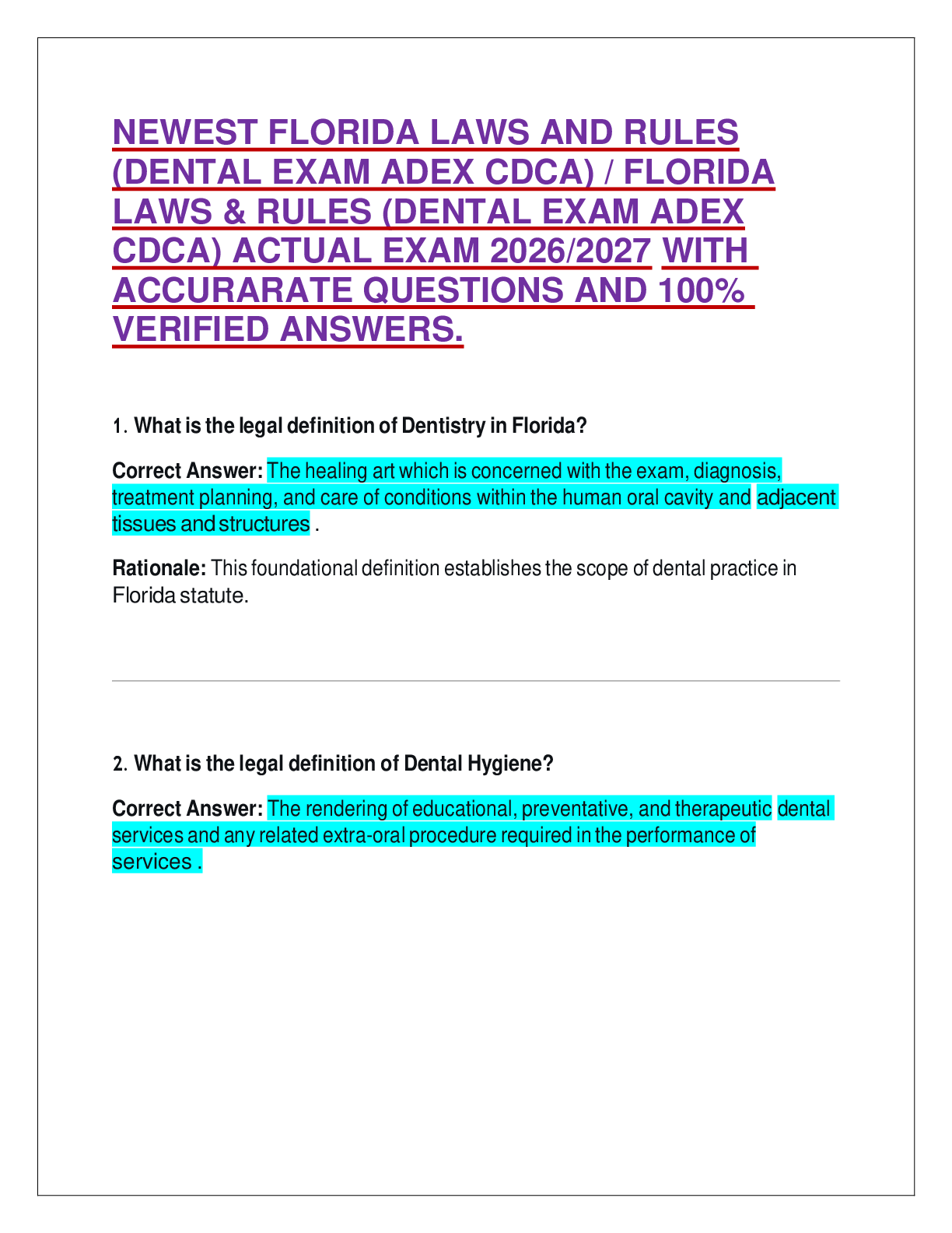 Preview of NEWEST FLORIDA LAWS AND RULES (DENTAL EXAM ADEX CDCA) / FLORIDA LAWS & RULES (DENTAL EXAM