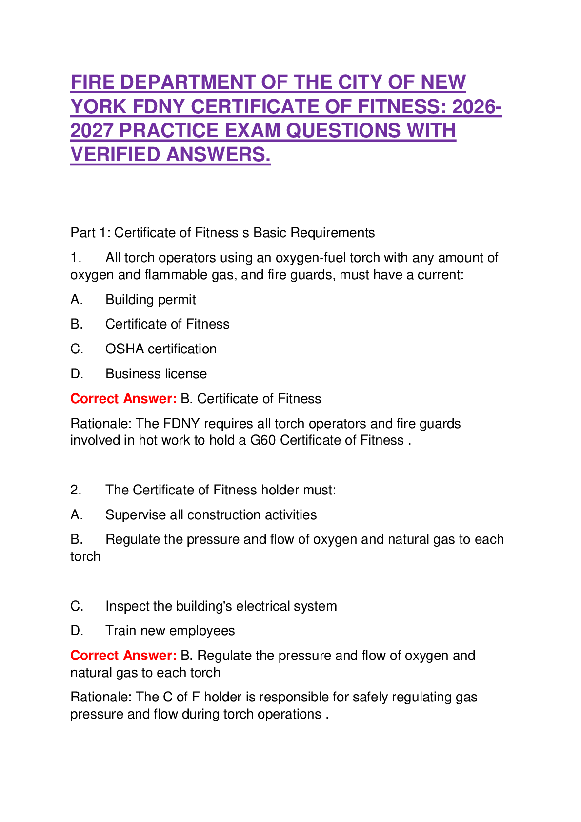 Recommended document preview for FIRE DEPARTMENT OF THE CITY OF NEW YORK FDNY CERTIFICATE OF FITNESS: 2026- 2027 PRACTICE EXAM QUESTIONS WITH VERIFIED ANSWERS.