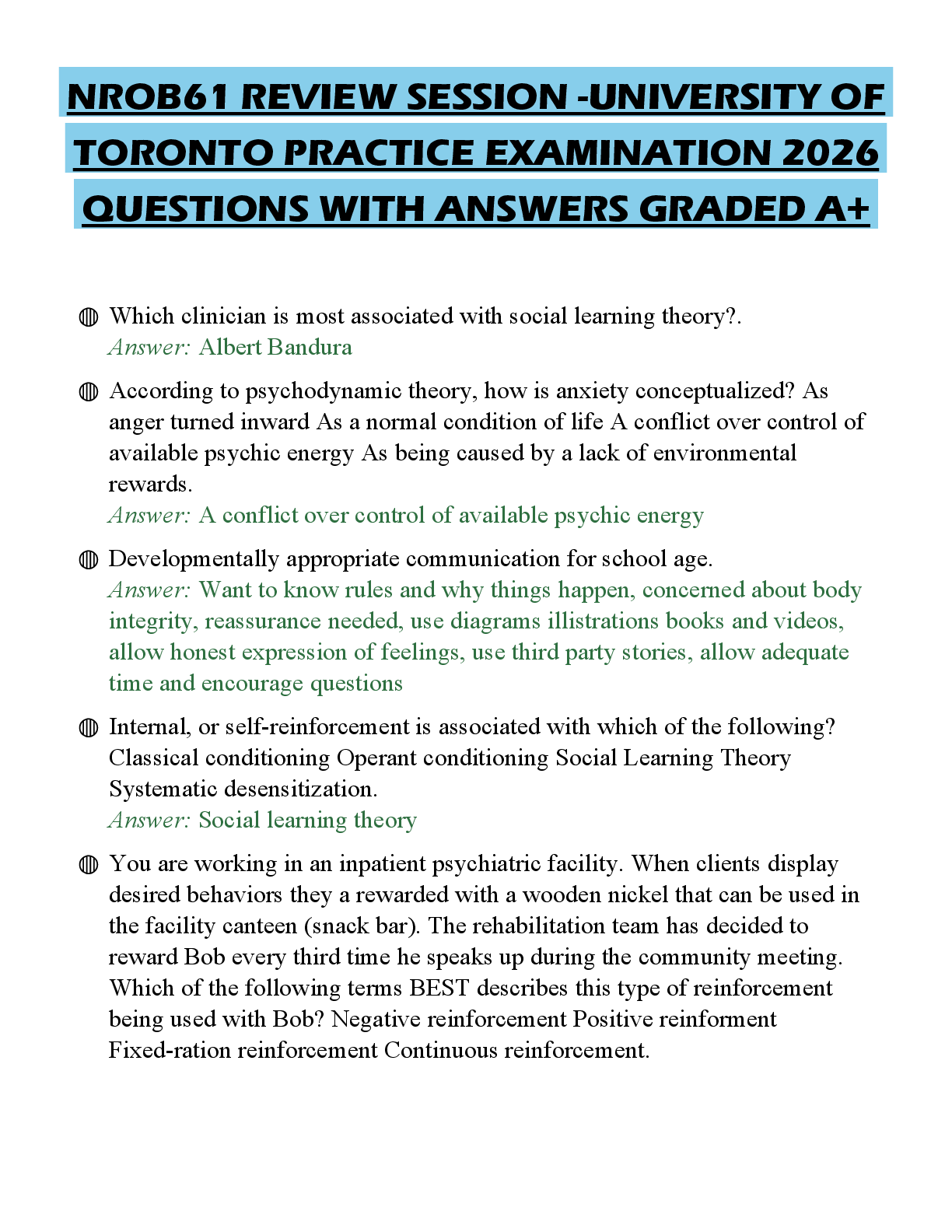 Preview of NROB61 REVIEW SESSION -UNIVERSITY OF TORONTO PRACTICE EXAMINATION 2026 QUESTIONS WITH ANSW