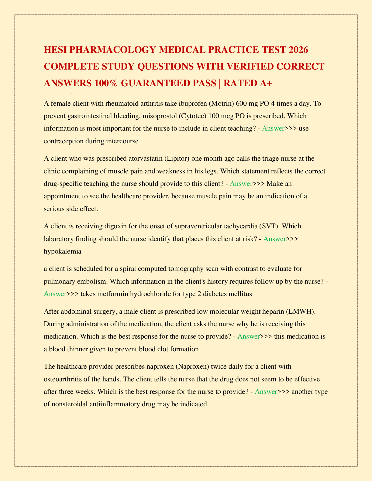 Recommended document preview for HESI PHARMACOLOGY MEDICAL PRACTICE TEST 2026 COMPLETE STUDY QUESTIONS WITH VERIFIED CORRECT ANSWERS 100% GUARANTEED PASS | RATED A+