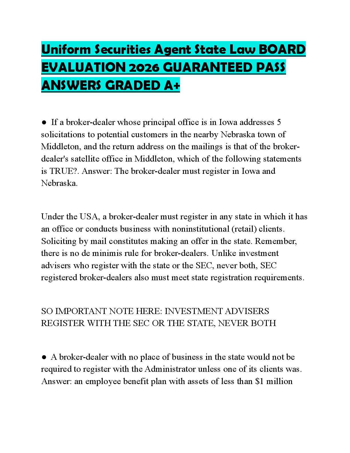 Recommended document preview for Uniform Securities Agent State Law BOARD EVALUATION 2026 GUARANTEED PASS ANSWERS GRADED A+