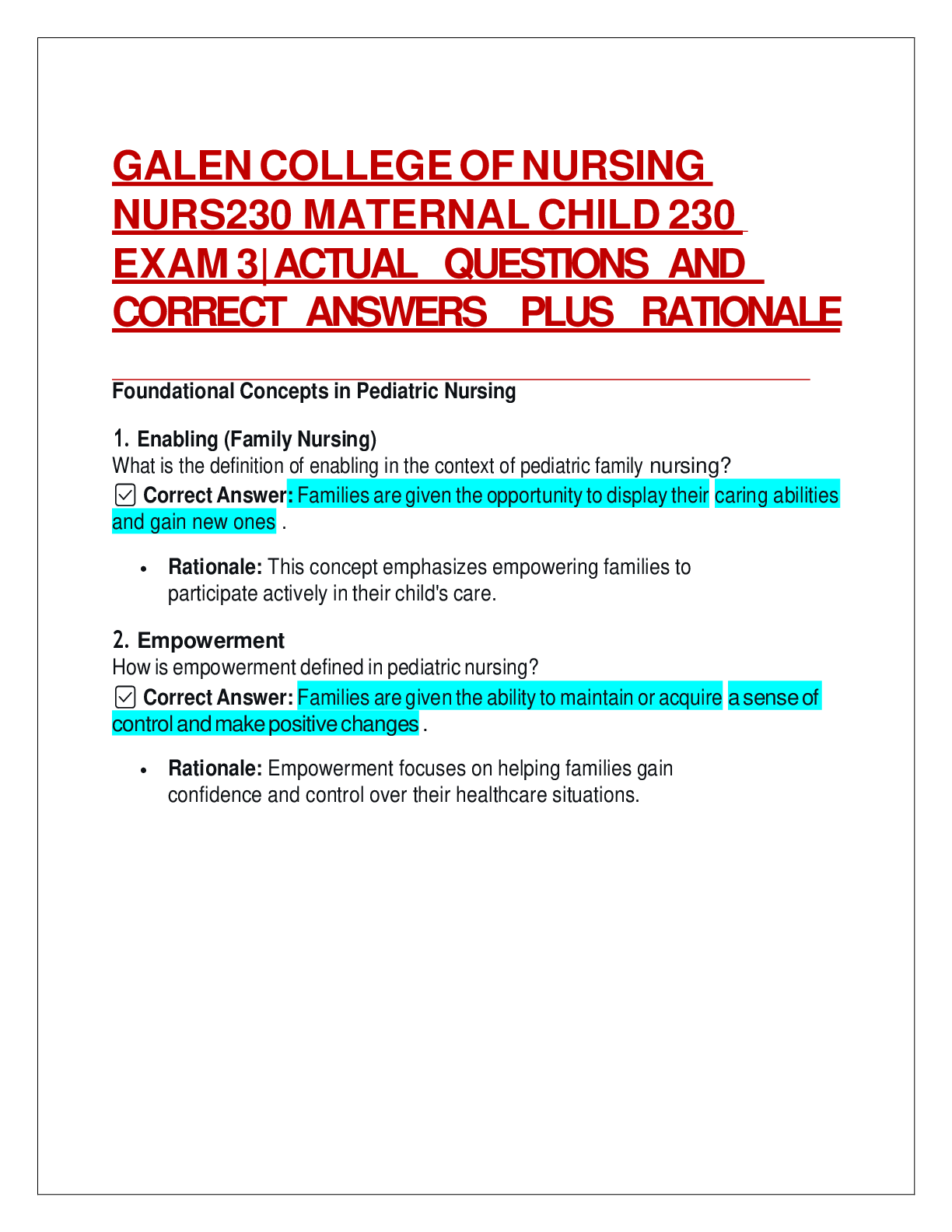 Recommended document preview for GALEN COLLEGE OF NURSING NURS230 MATERNAL CHILD 230 EXAM 3| ACTUAL QUESTIONS AND CORRECT ANSWERS PLUS RATIONALE