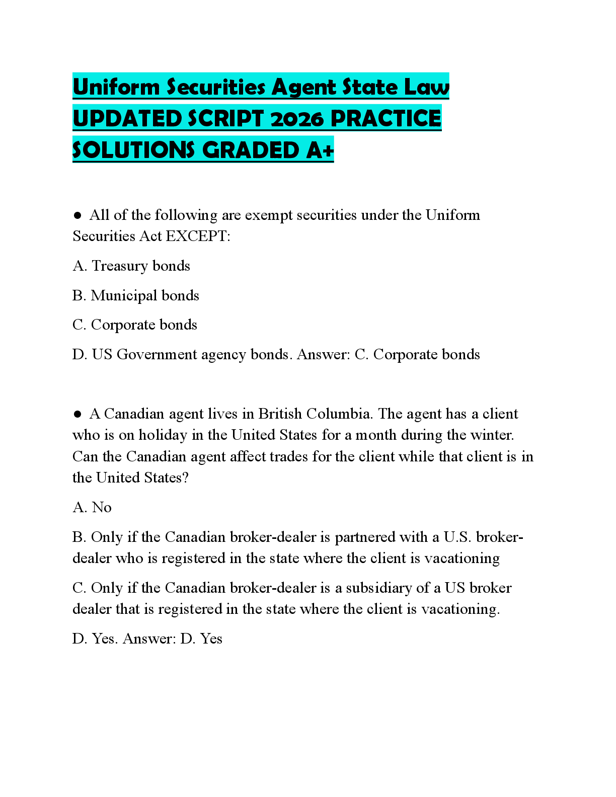 Preview of Uniform Securities Agent State Law UPDATED SCRIPT 2026 PRACTICE SOLUTIONS GRADED A+