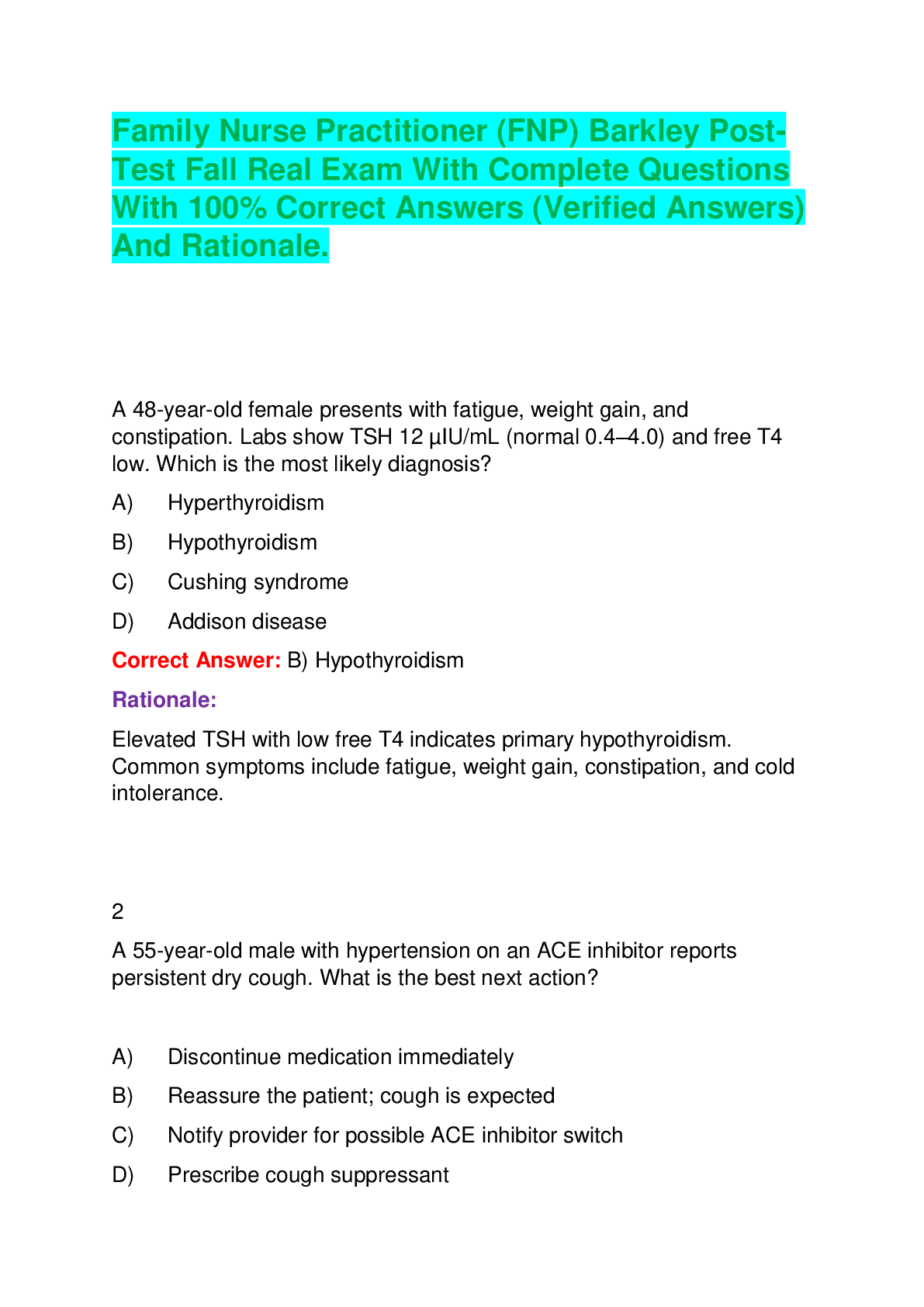 Recommended document preview for Family Nurse Practitioner (FNP) Barkley Post- Test Fall Real Exam With Complete Questions With 100% Correct Answers (Verified Answers) And Rationale.